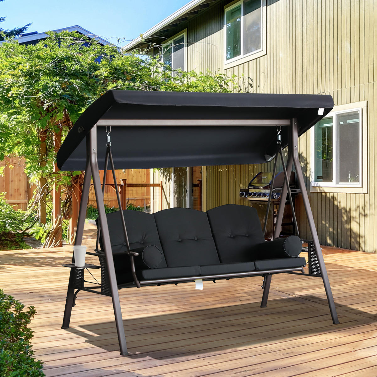 GARTENSCHAUKEL Schwarz 3-Sitzer mit verstellbarem Dach - Schwarz, Metall (121/172/208cm) - PANGIVO