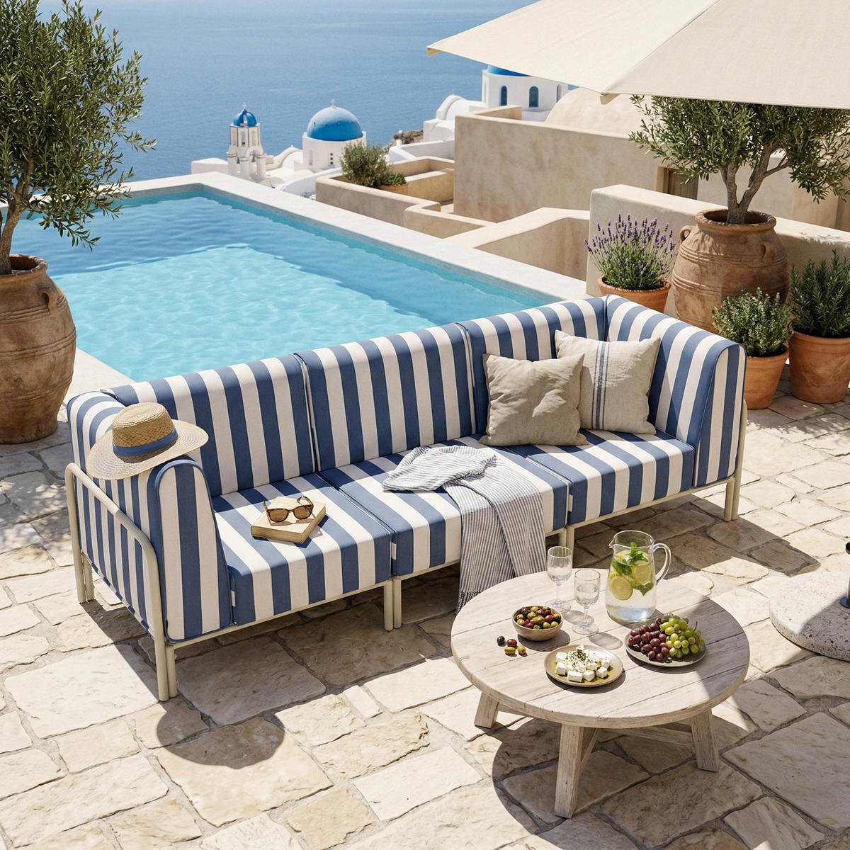 GARTENSOFA mit 3 Sitzplätzen, Blau - Blau, Textil (80/78/216cm) - Oviala