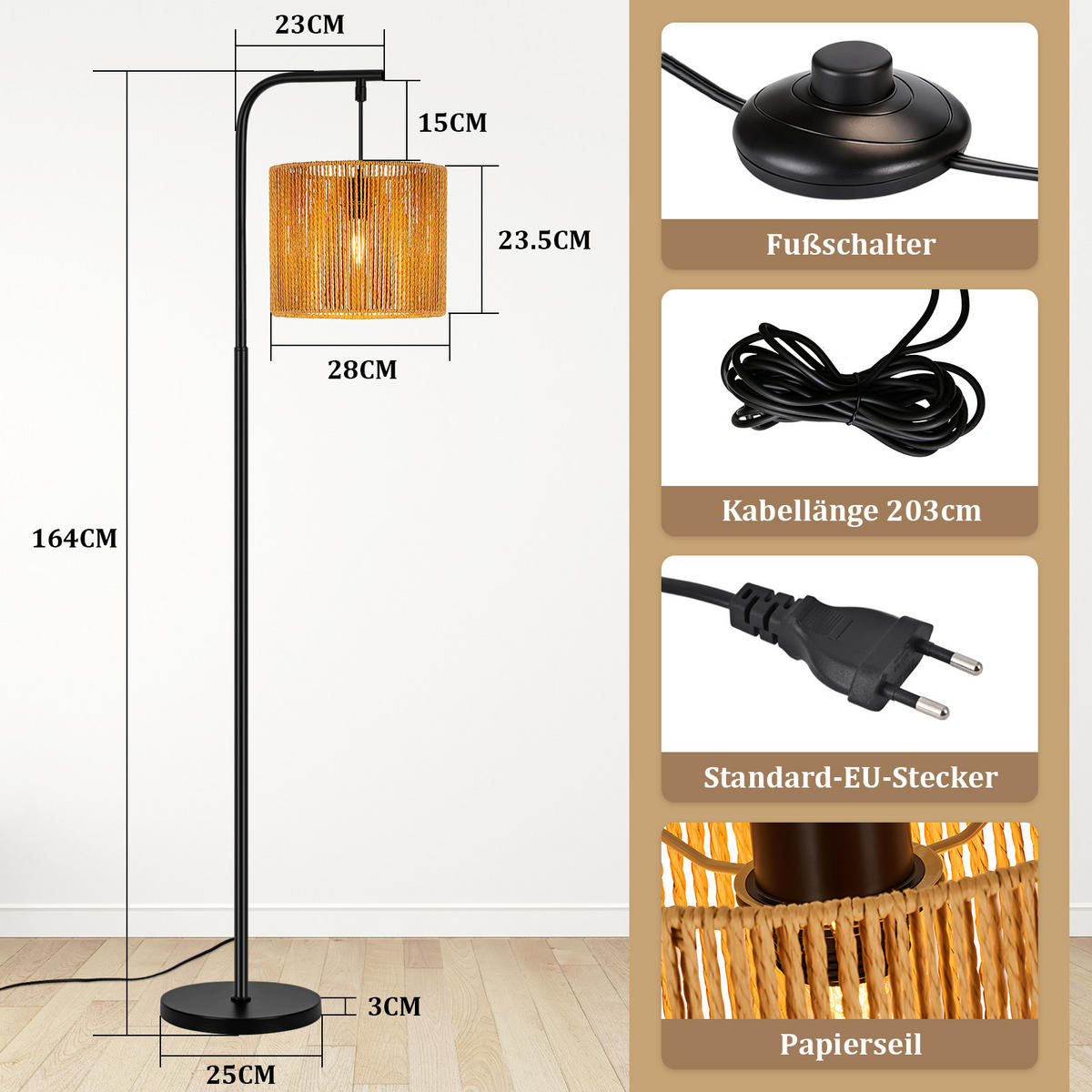 STOJACÍ LAMPA 25/23,5/164 cm - černá, kov (23.5/25/164cm) - Nettlife