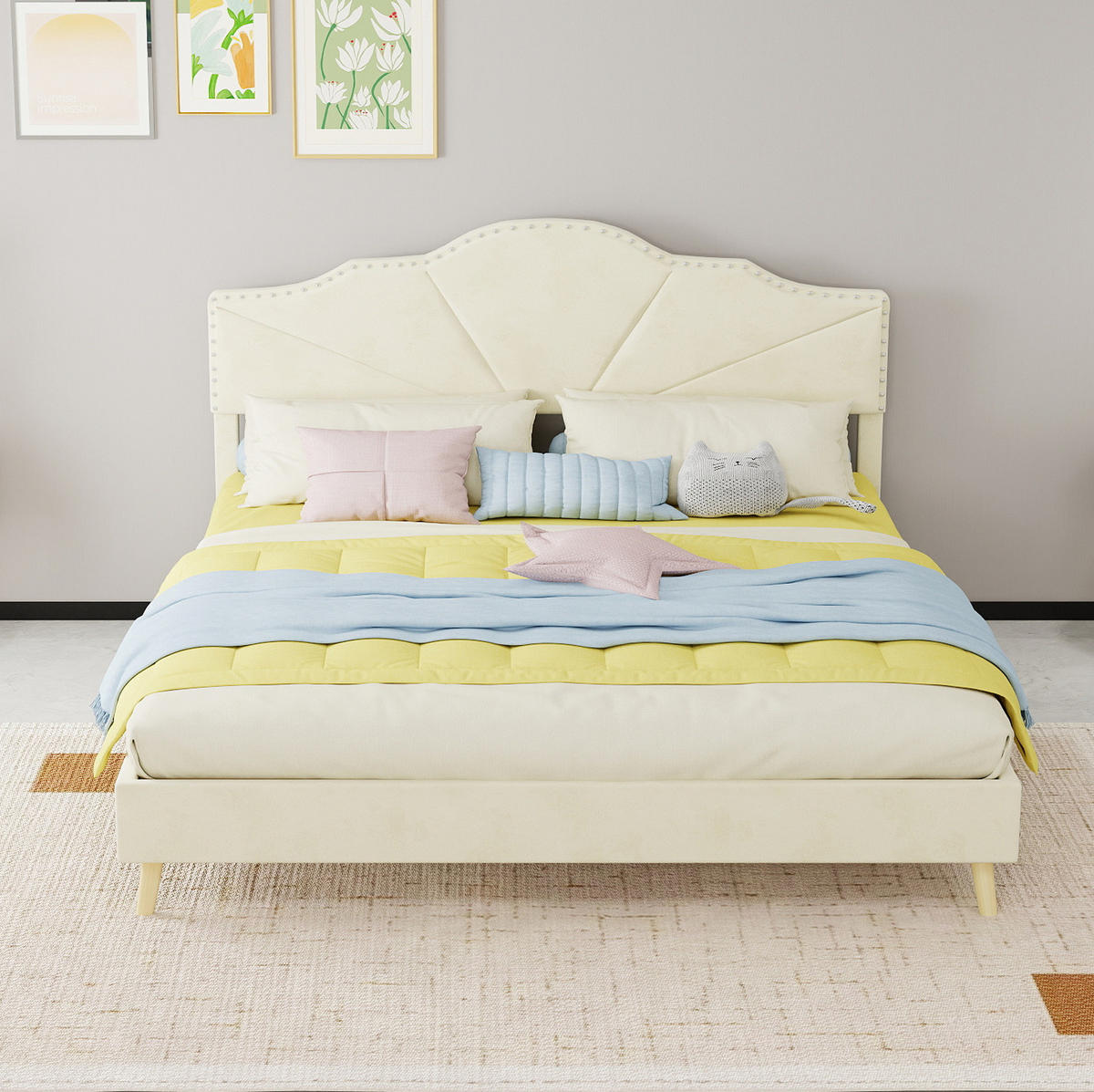 POLSTERBETT aus Stoff und Metall 160x200 cm Beige mit Matratze und geometrischem Kopfteil - Beige, Textil (160/200cm) - IVMEU