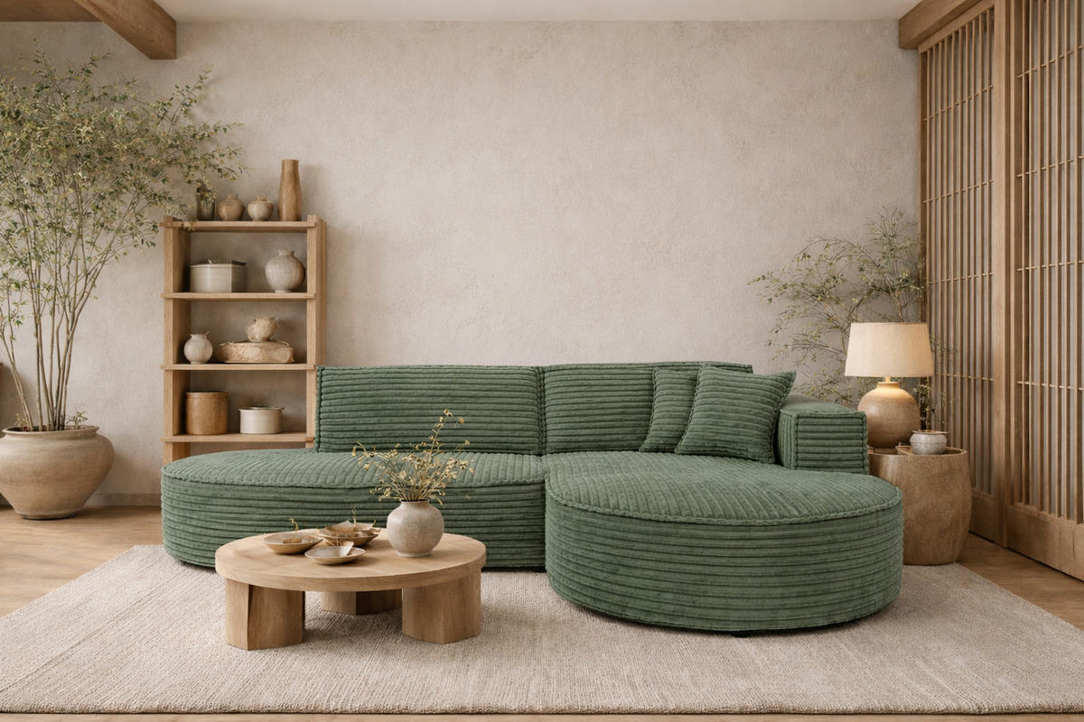 ECKSOFA L-Form, Cordstoff Velo, Olive, Rechts, Modena Studio - Olivgrün, Holz (236/165cm) - Kaiser Möbel