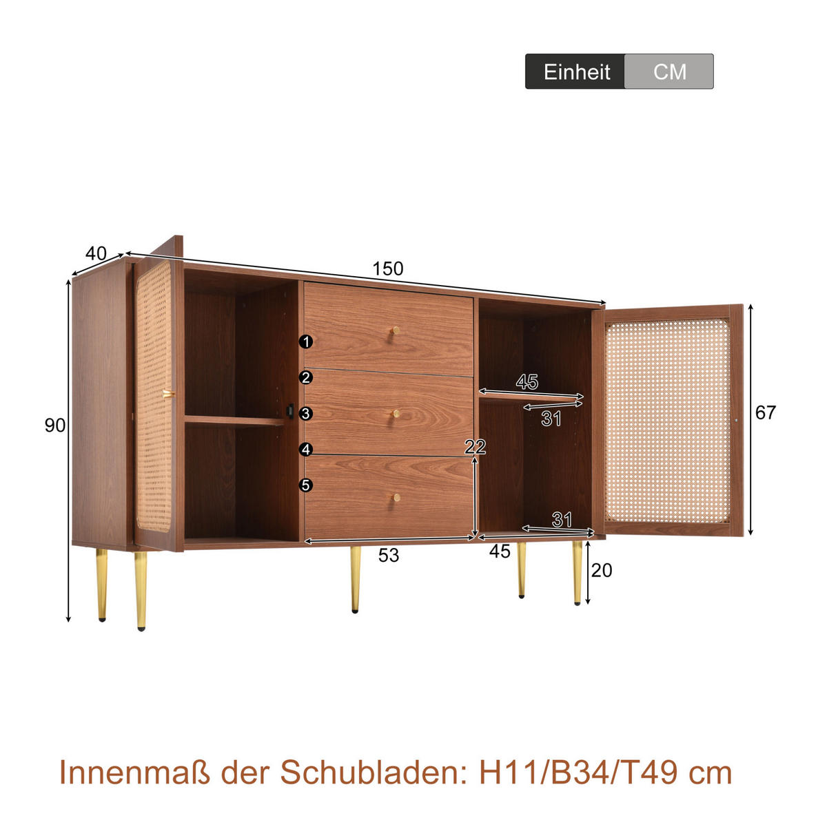KOMMODE aus MDF, Spanplatte und Metall 150x40x90 cm Nussbaum mit 3 Schubladen und verstellbaren Fachböden - Nussbaumfarben, Holzwerkstoff (40/90/150cm) - IVMEU