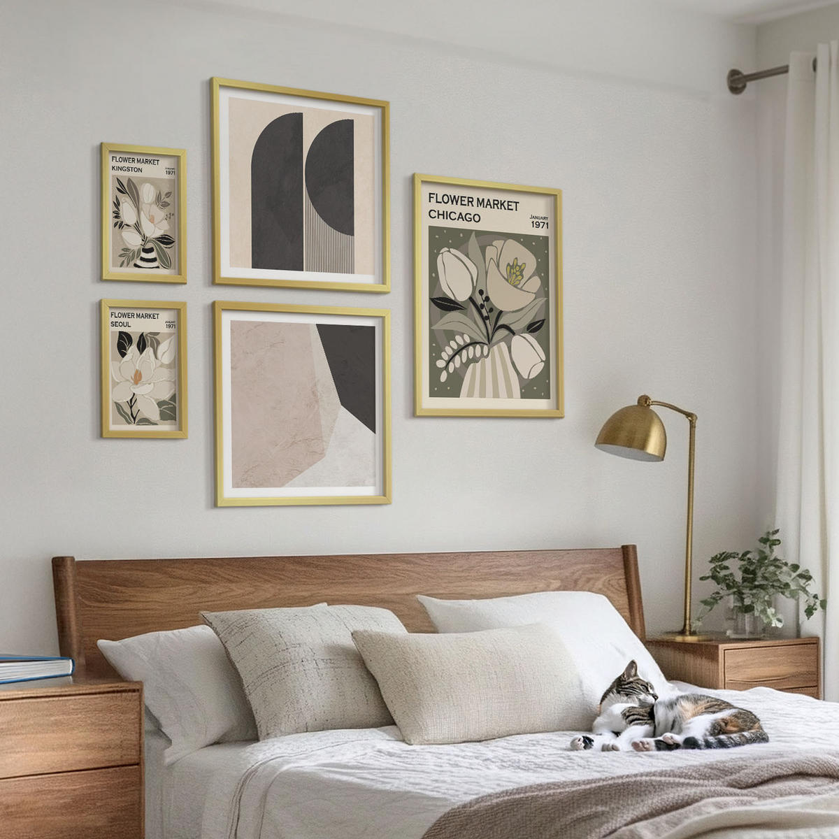 BILDER SET 5er Set - 50x50 cm & 20x30 cm & 40x60 cm Goldrahmen - Kingston Seoul Retro-Blumen - Goldfarben, Kunststoff (40/60cm) - TULUP