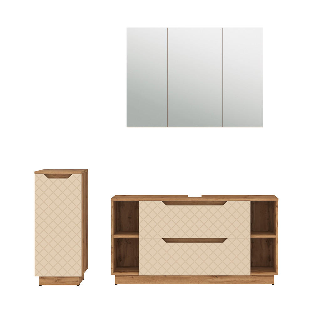 BADMÖBEL-SET Lotta Eiche/Kaschmir mit Kachelstruktur 3 Teile - Kaschmir/Eichefarben, Holzwerkstoff (119.2/62.5/35cm) - Vicco