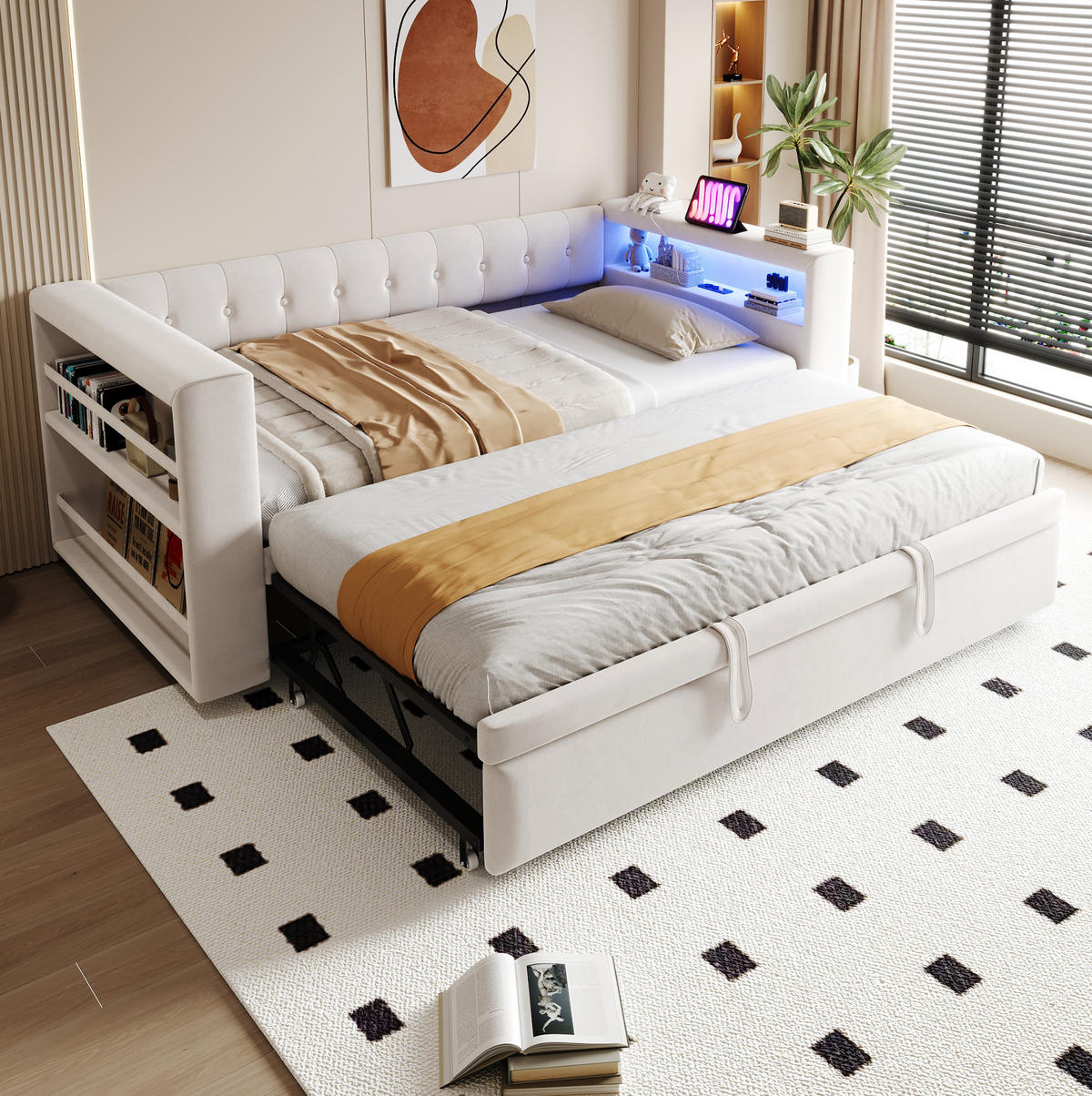 POLSTERBETT 90/180/190 cm Beige aus Flannelette mit LED-Beleuchtung und Steckdosen - Beige, Textil (90/200cm) - OKMYHOME