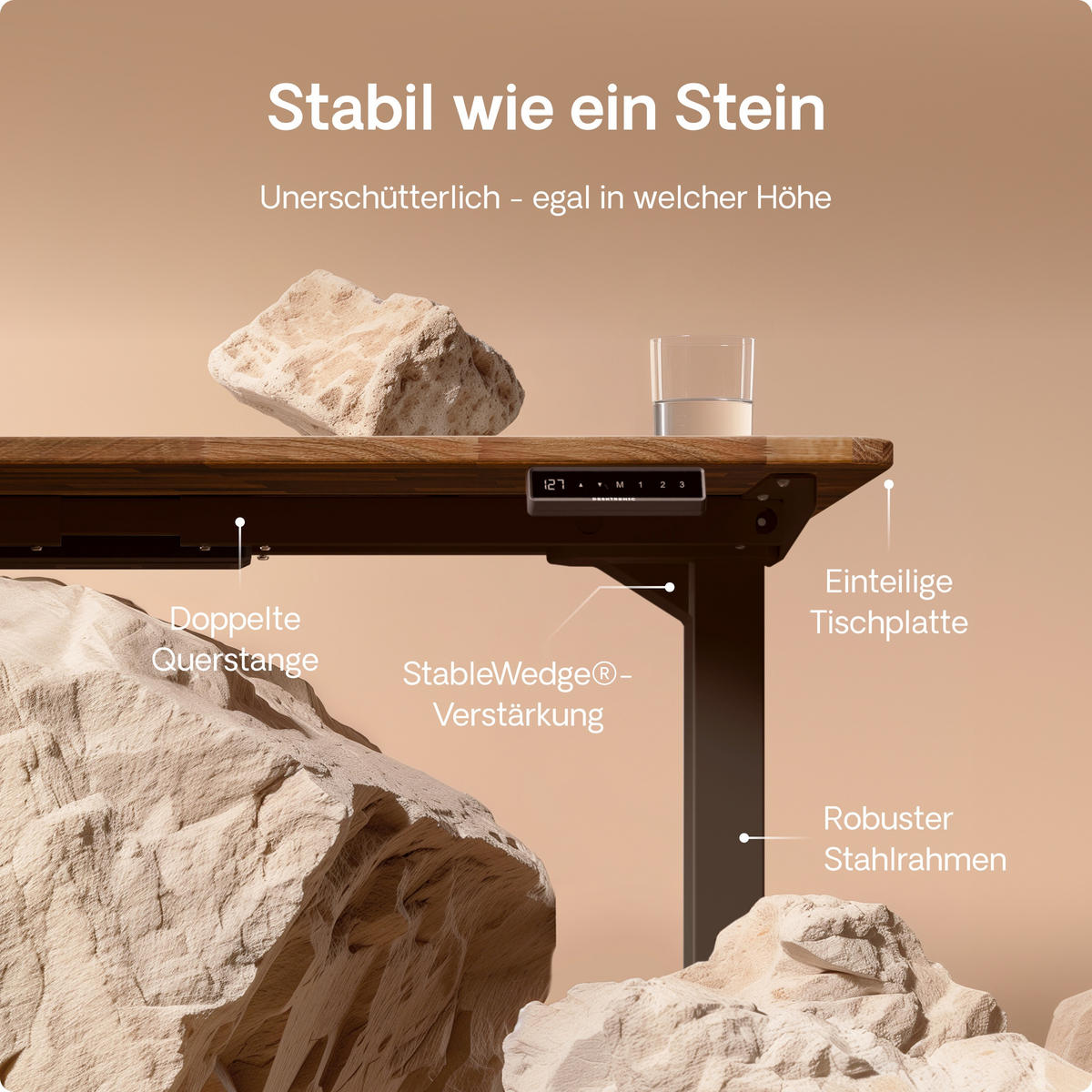 SCHREIBTISCH Elektrisch Höhenverstellbarer HomePro 120x60cm Schwarz/Massive Walnuss mit Memory-Funktion, Anti-Kollisions Technologie - Walnussfarben/Schwarz, Holz (60/120/63.5cm) - Desktronic