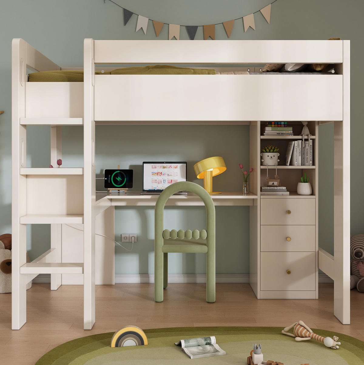 KINDEREINZELBETTEN aus Holz 90x200 cm in Weiß mit Schreibtisch & USB/Type-C-Ladefunktion - Weiß, Holz (90/200cm) - Modfu
