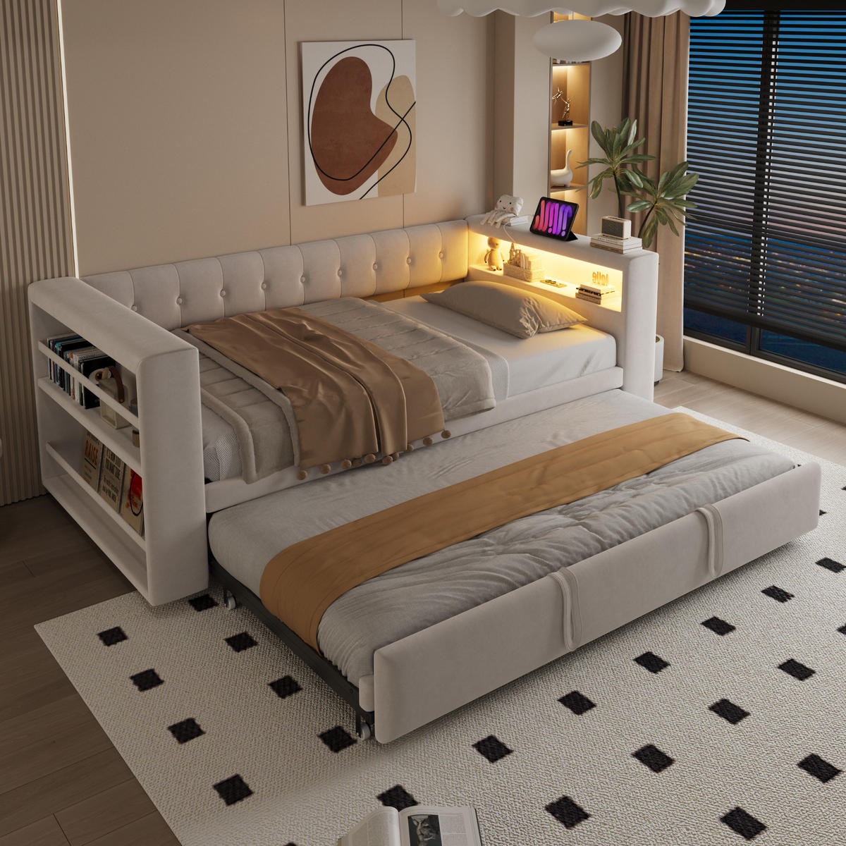 SCHLAFSOFA 90/190 cm & 180/190 cm in Beige Stoff mit LED, Steckdose und Stauraum - Beige, Holzwerkstoff/Textil (90/190cm) - WISHDOR