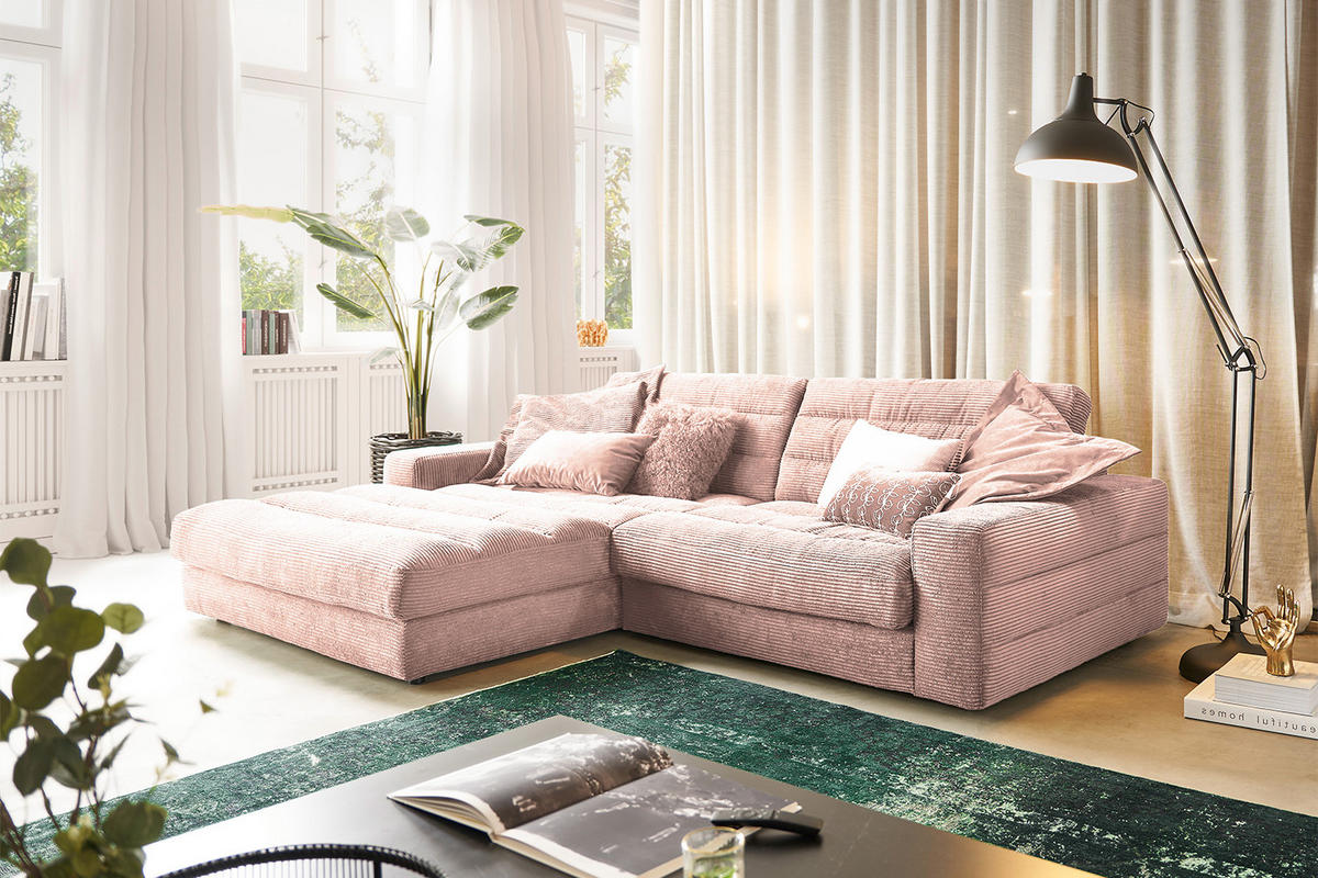 ECKSOFA LANA SOFA Pink Cord - Pink/Schwarz, Textil (296/205cm) - KAWOLA