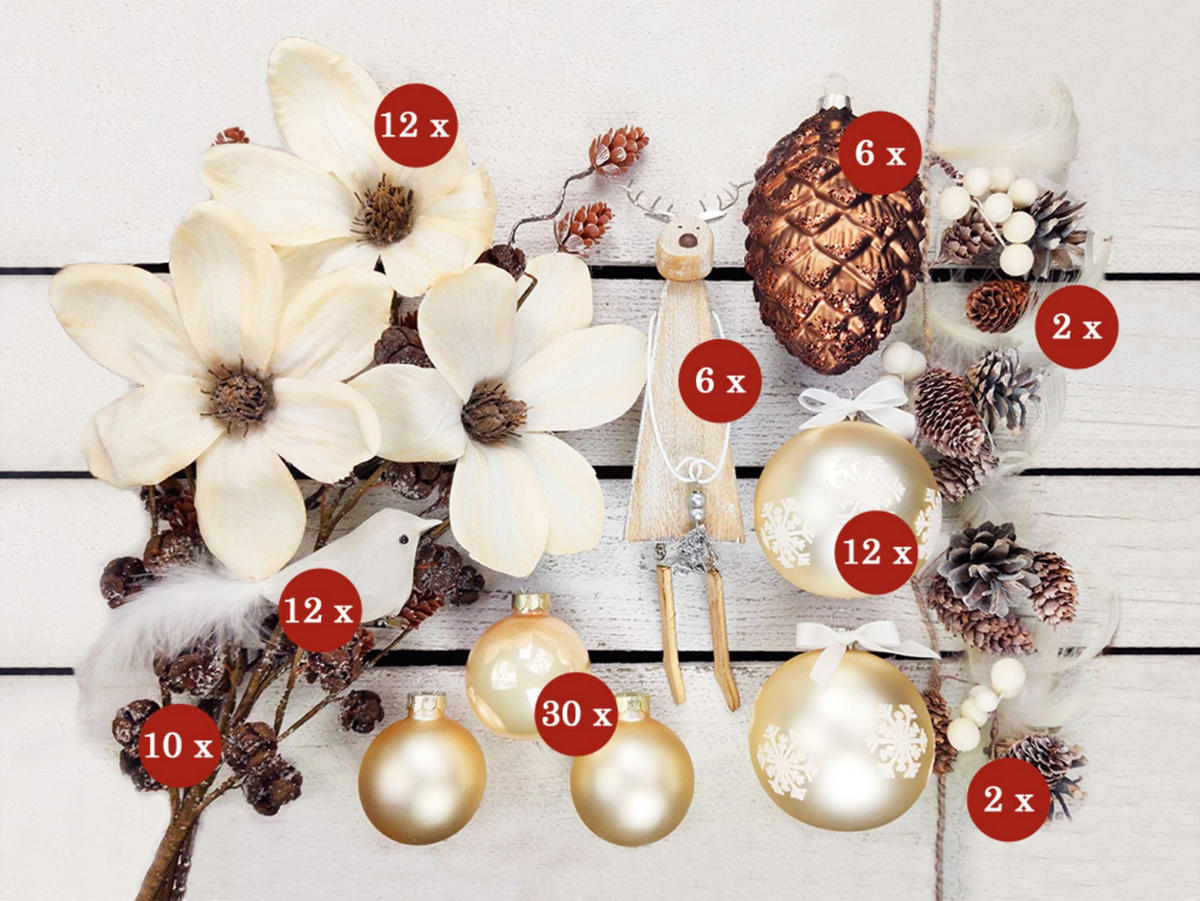 WEIHNACHTSBAUM geschmückt künstlich mit 136 Stk Kugeln ELEGANZ DER NATUR 270 cm mit Metallständer - Creme/Braun, Kunststoff (270cm) - LAALU