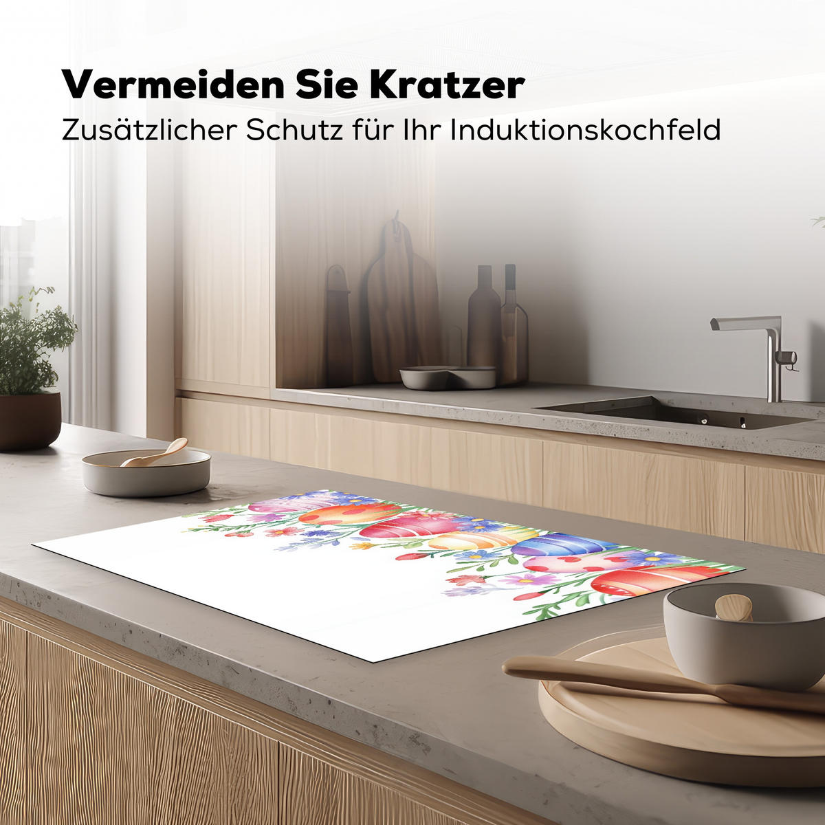 HERDABDECKPLATTE Blumengarten - Bunt - Eier Ceranfeldabdeckung 80x52 cm - Weiß, Kunststoff (80/52/0.2cm) - MuchoWow