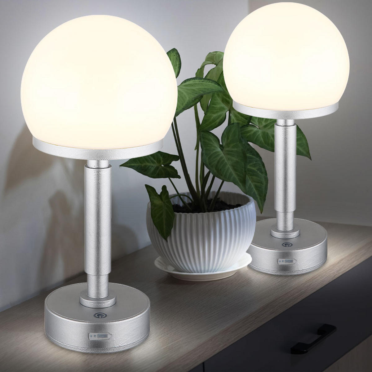 LED TISCHLEUCHTE Haku Silber Opal - Silberfarben, Kunststoff (14/14/29.5cm) - Globo Lighting