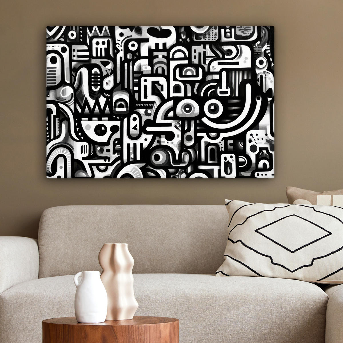 LEINWANDBILD Symbole - Abstrakt - Grafik - Schwarz Wanddeko 90x60 cm - Schwarz, Textil (90/60cm) - MuchoWow