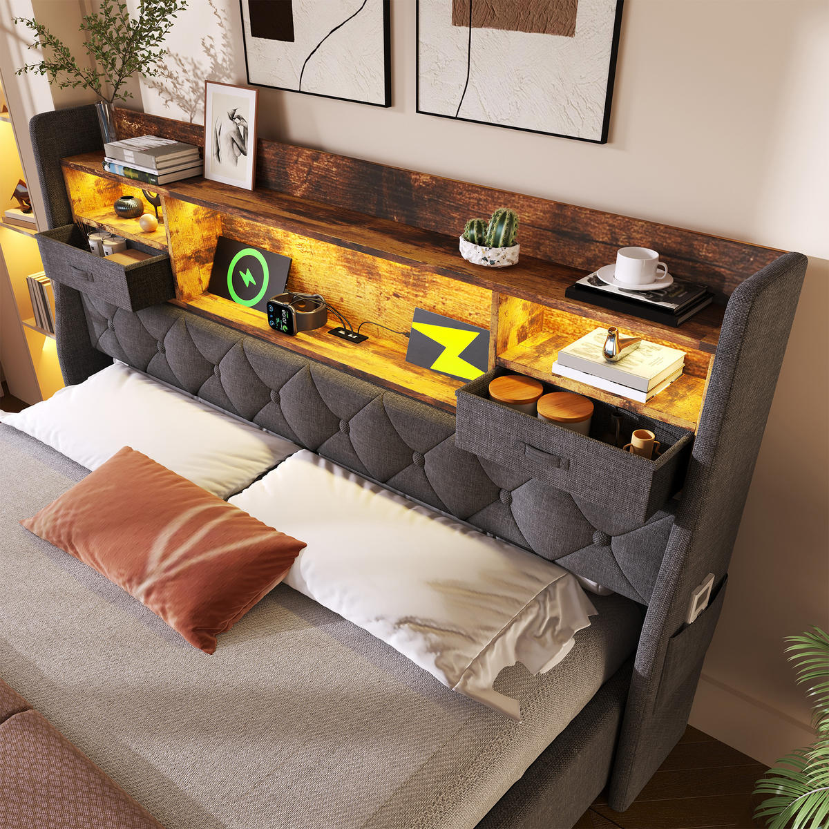 ČALOUNĚNÁ POSTEL 140/190 cm v šedé barvě s úložným prostorem, LED a USB-C - šedá, kov/kompozitní dřevo (140/190cm) - CHICFURN