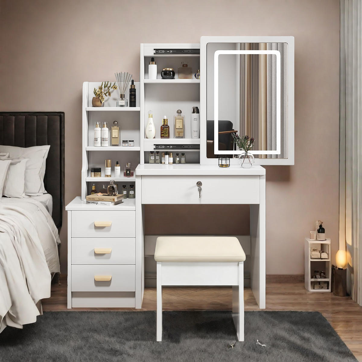 SCHMINKTISCH in Weiß Frisiertisch mit Spiegel LED-Beleuchtung Hocker 4 Schubladen 3 Farbmodi , B85/T36/H130cm - Weiß, Glas/Holzwerkstoff (85/130/36cm) - STILVORA