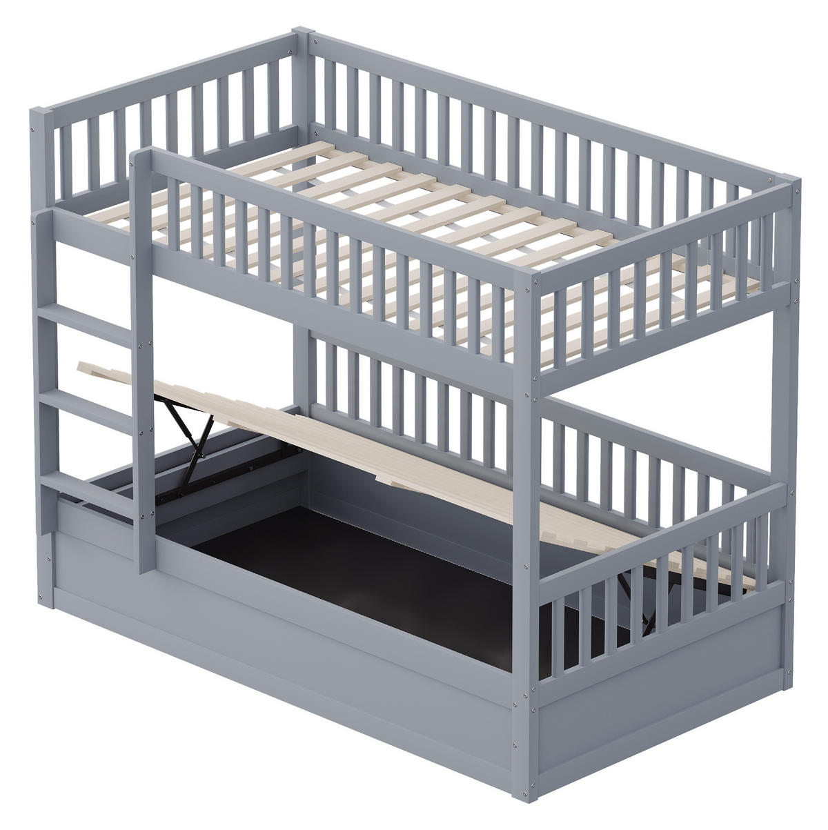 ETAGENBETT aus 90x200 cm Grau mit hydraulischem Stauraum, Sicherheitsleiter und Lattenrost - Grau, Holzwerkstoff (90/200cm) - Modfu