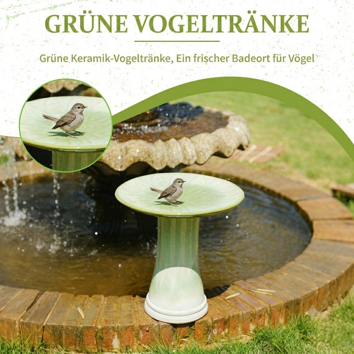 VOGELBAD mit Standfuß, Keramik Ø43/45H cm, Wetterfest,Grün - Grün, Keramik (43/45/43cm) - LVHOM