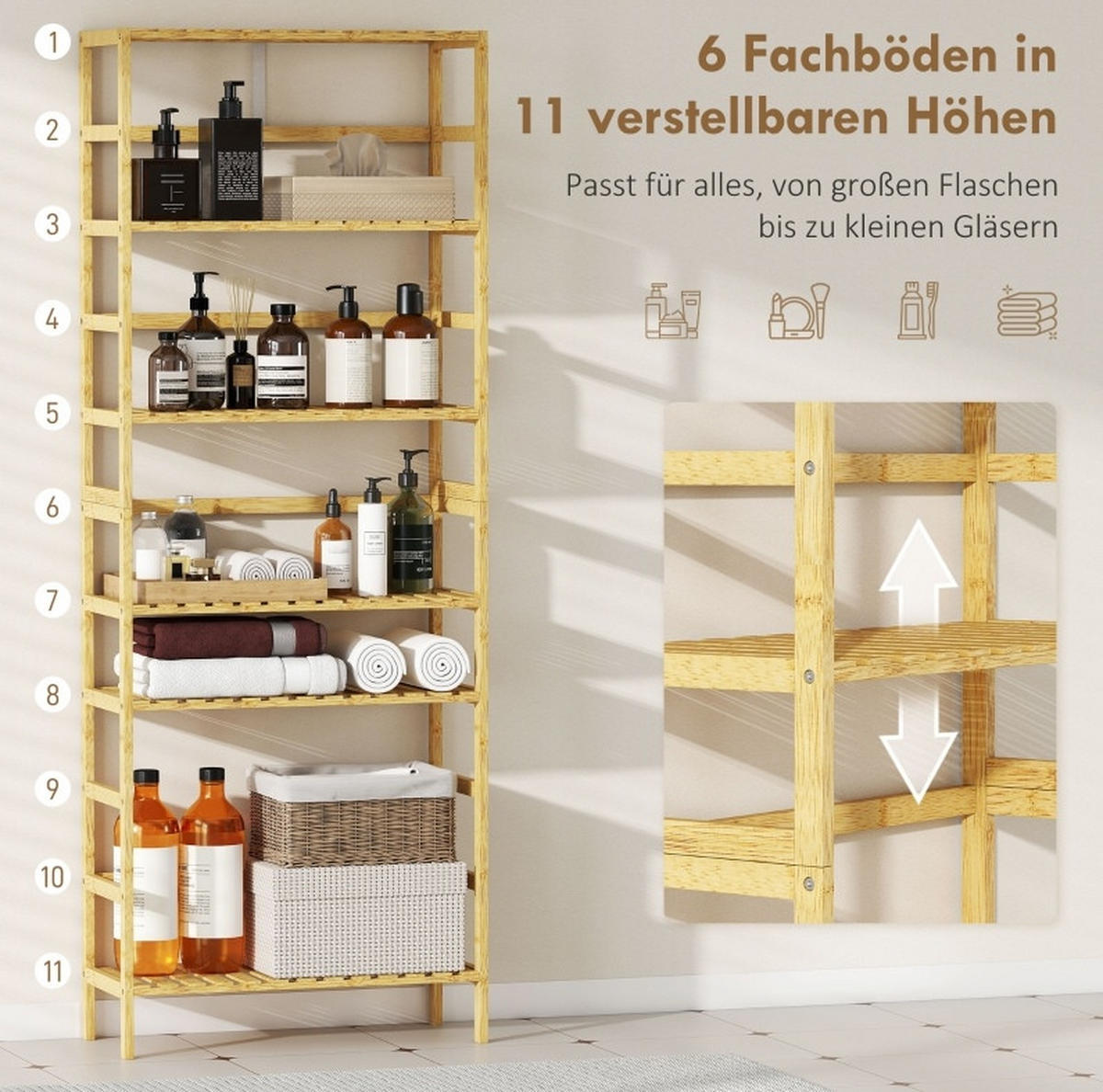 STANDREGAL 60/26/161 cm mit 6 Ebenen, verstellbaren Böden und Kippschutz, Bambus Natur - Naturfarben, Naturmaterialien (60/161/26cm) - Redom