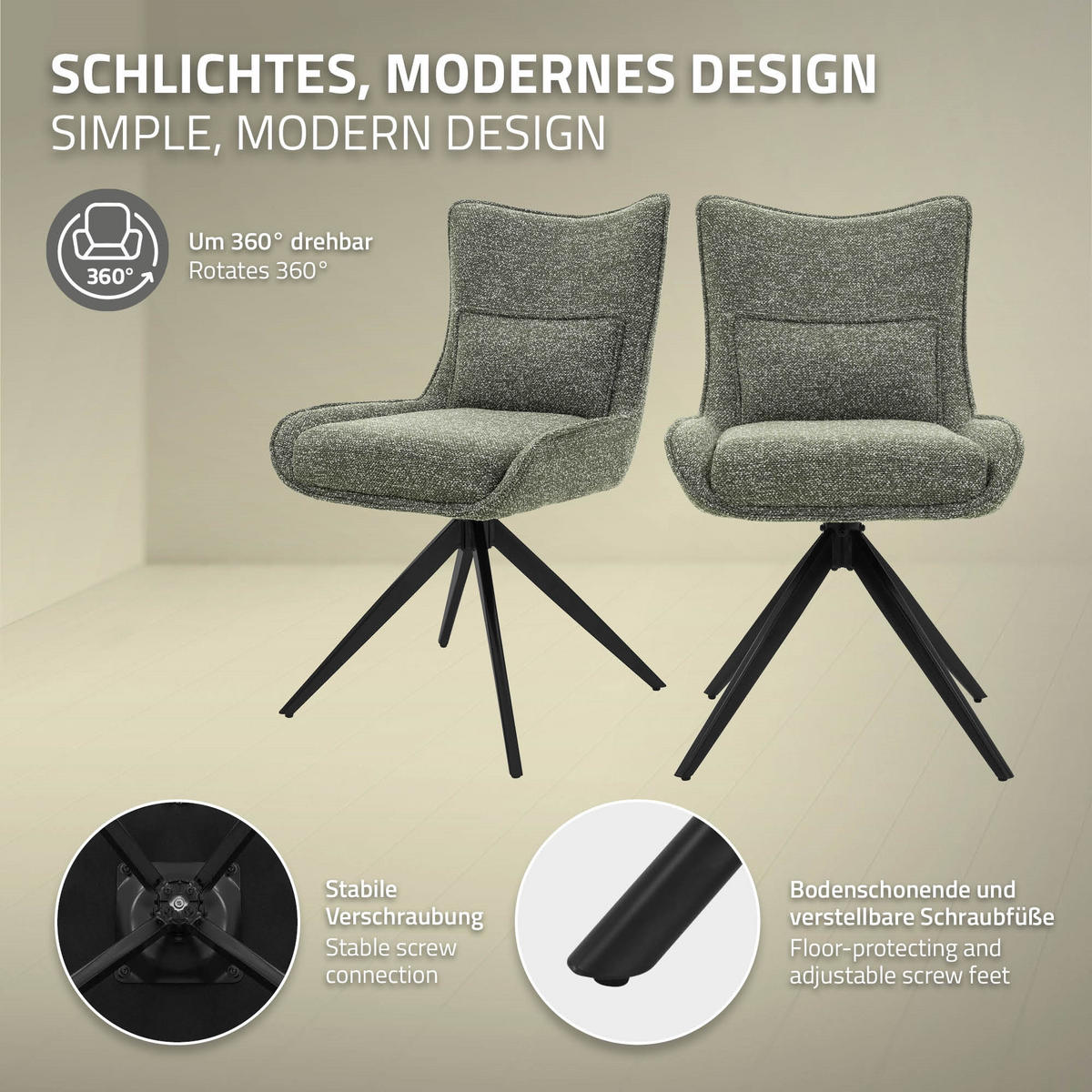 ESSZIMMERSTÜHLE 2er Set drehbar Küchenstühle gepolstert mit Webstoff-Bezug Grün - Schwarz/Grün, Textil/Metall (54/90/64cm) - ML-DESIGN