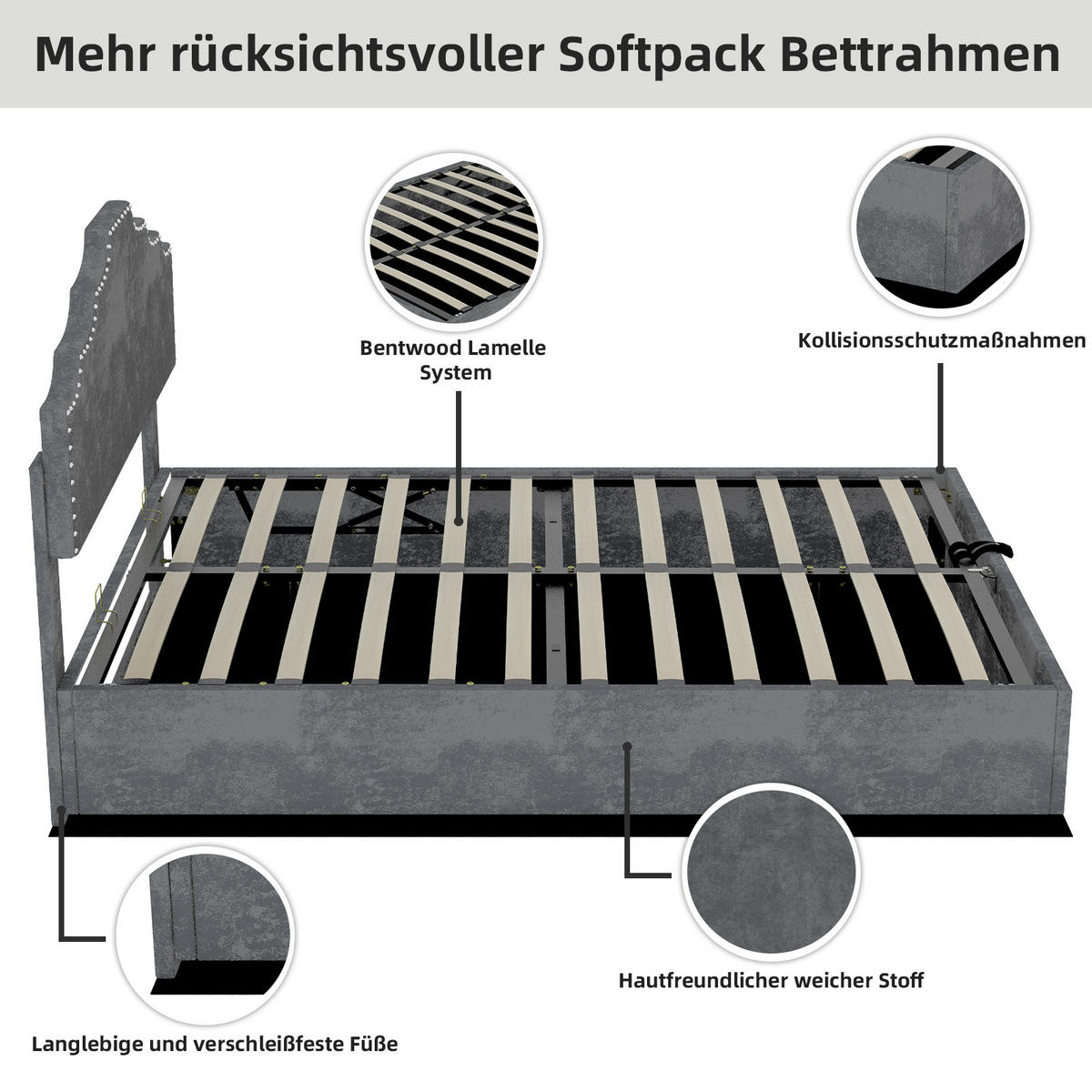 POLSTERBETT 160/200 cm in Grau Stoff mit geometrischem Kopfteil - Grau, Holzwerkstoff/Textil (160/200cm) - WISHDOR