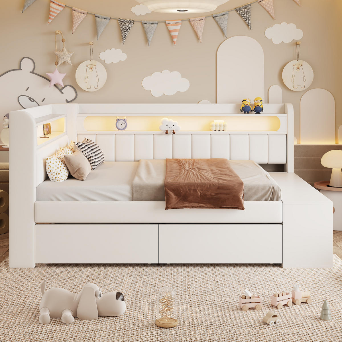 STAURAUMBETT 90/200 cm DE-03405, mit USB, LED, Schuhschrank und zwei Schubladen, in Weiß - Weiß, Holzwerkstoff (90/200cm) - ComfortXL