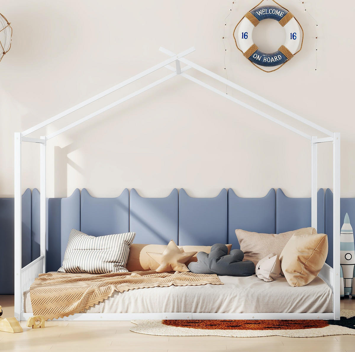 HAUSBETT 140/200 cm aus Metall in Weiß, Hausform, ohne Matratze - Weiß, Metall (140/200cm) - OKMYHOME