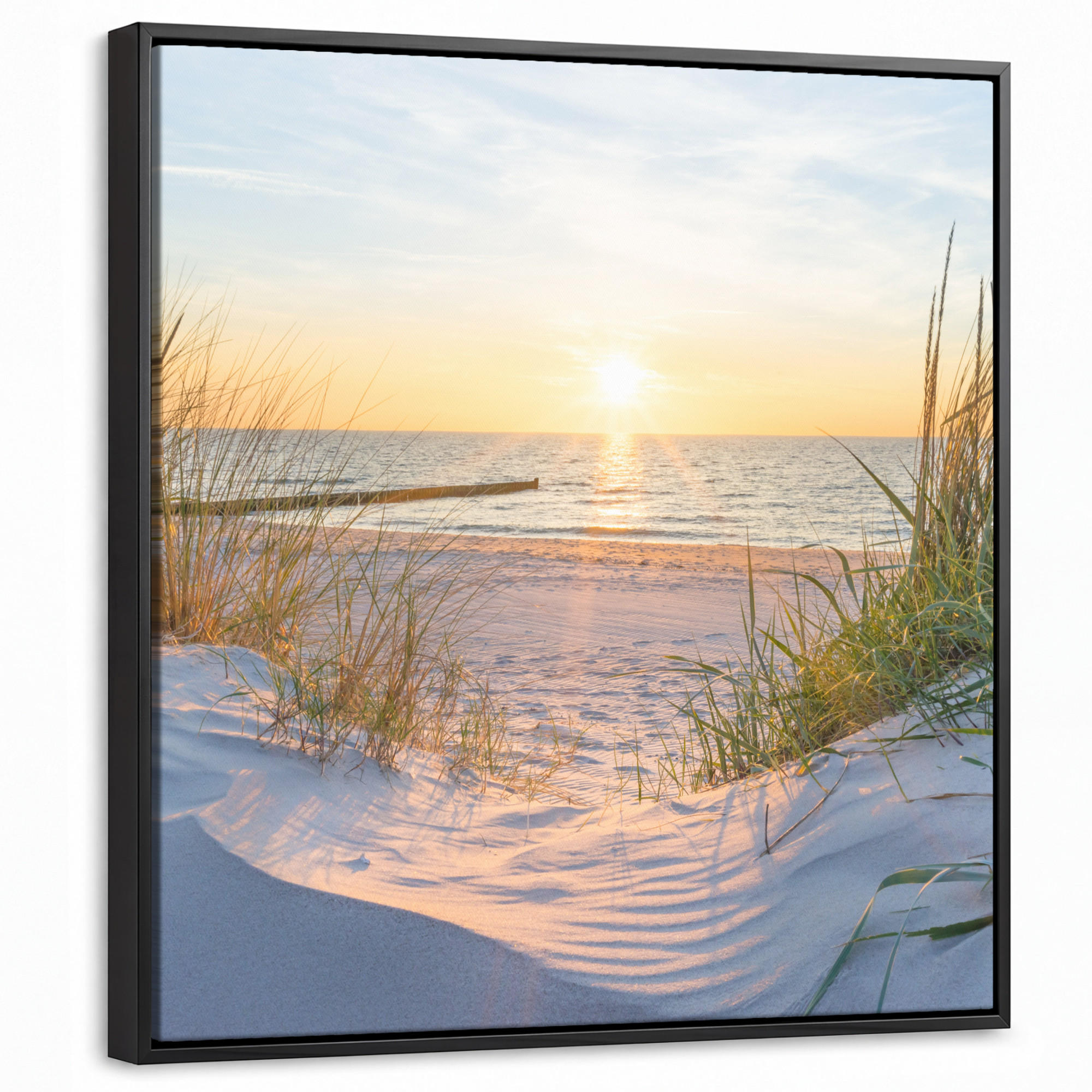 LEINWAND Bilder mit Rahmen - Strand - Sonne - Düne - Gras - Sand - Horizont - 50x50 - Hellblau, Textil (50/50cm) - MuchoWow