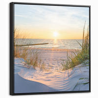 LEINWAND Bilder mit Rahmen - Strand - Sonne - Düne - Gras - Sand - Horizont - 50x50 - Hellblau, Textil (50/50cm) - MuchoWow