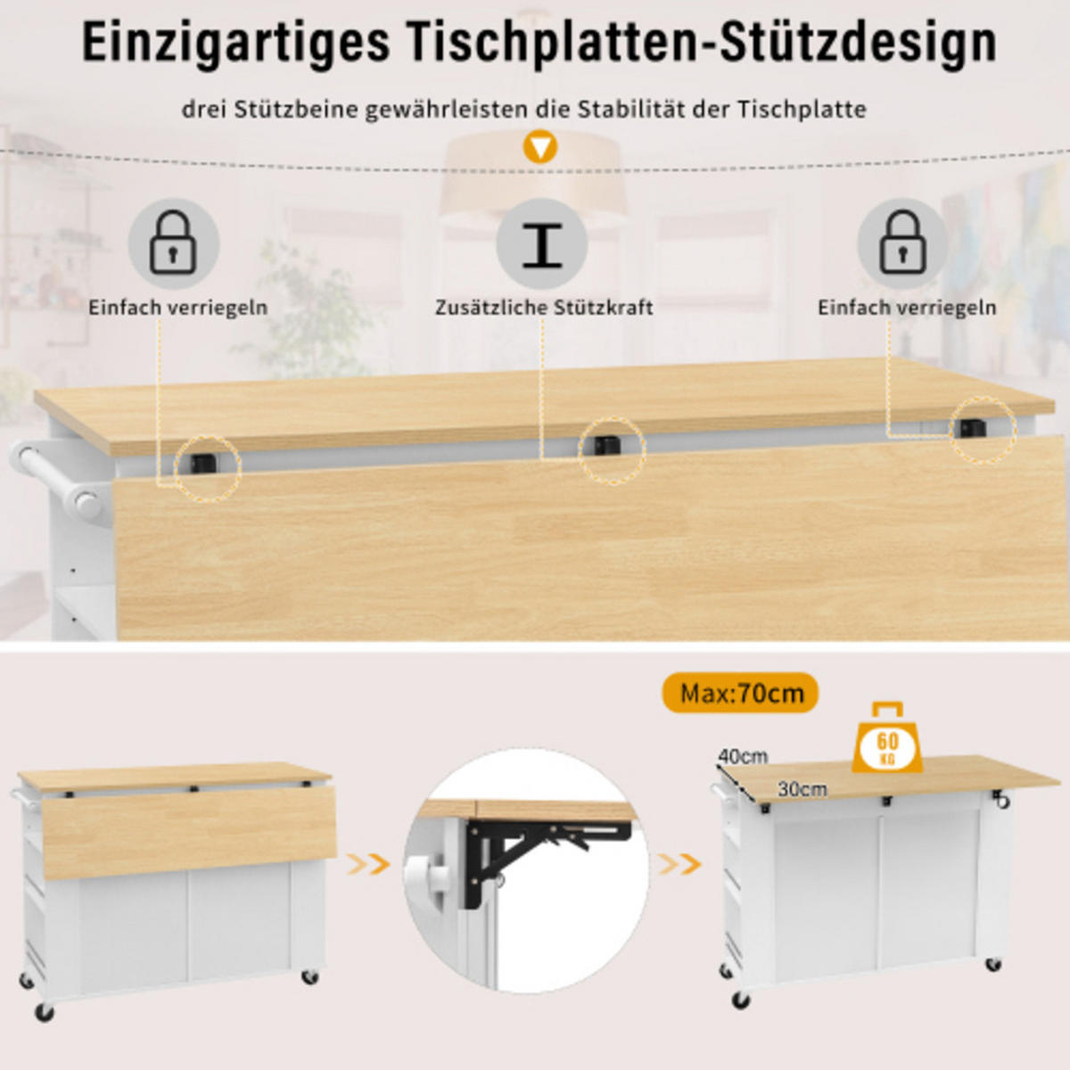 KÜCHENINSEL mit klappbarer Arbeitsplatte & Mülleimerfach weiß-natur 120×40-70×92 cm aus MDF - Weiß, Holzwerkstoff (120/92/70cm) - Luhomfu
