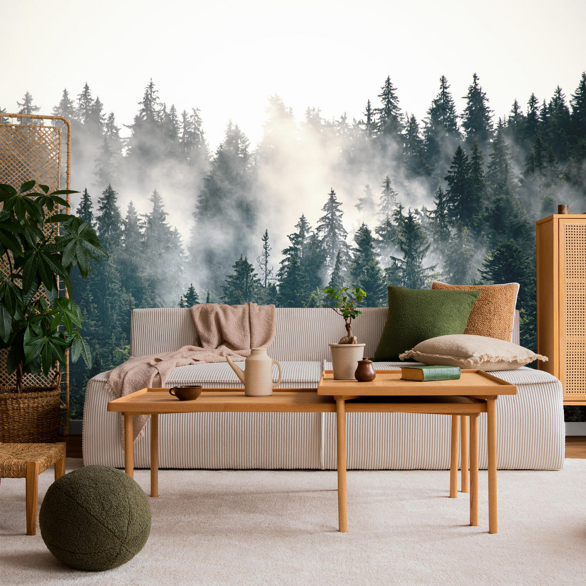 FOTOTAPETE für Wohnzimmer Nebeliger Nadelwald Berg Mystik Bäume 500x350 - Weiß/Grün, Papier (500/350cm) - Muralo