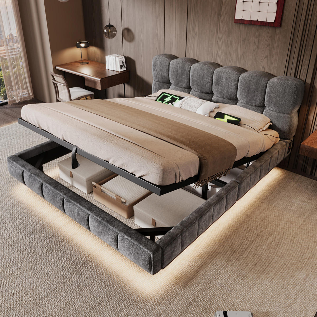 POLSTERBETT aus Chenille 140x190 cm Grau mit Bettkasten, LED und USB-/Typ-C-Anschlüssen - Grau, Textil (140/190cm) - Modfu