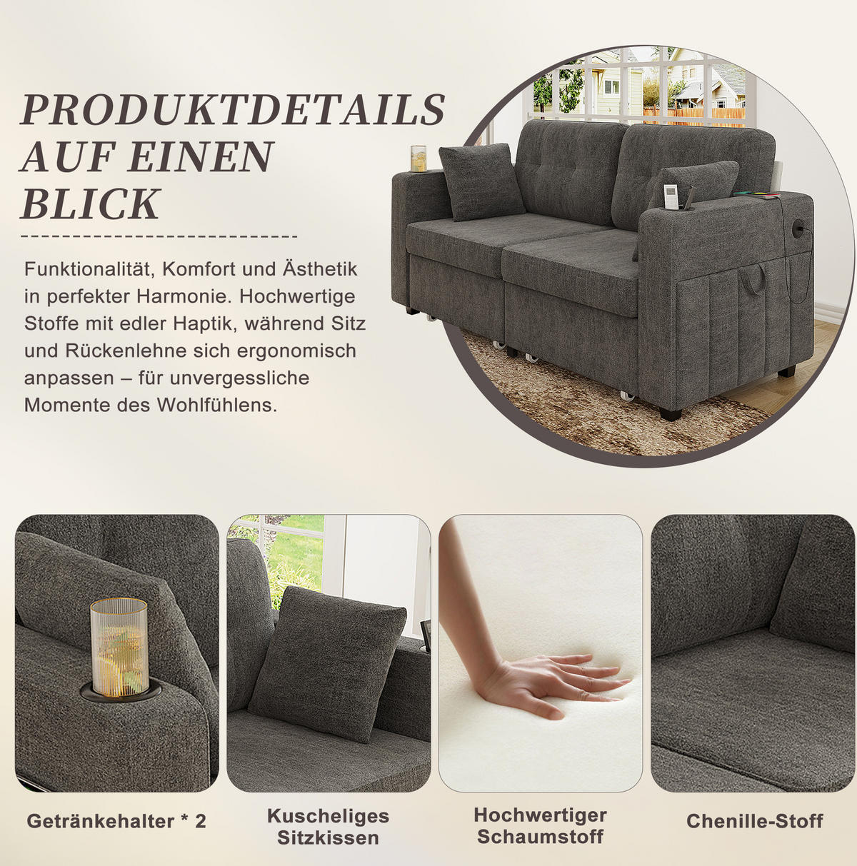 2-SITZER-SOFA 172/75/82 cm mit USB-Anschlüssen, Stauraumschubladen und Getränkehaltern, Chenille, Grau - Grau, Textil (172/82/75cm) - Redom