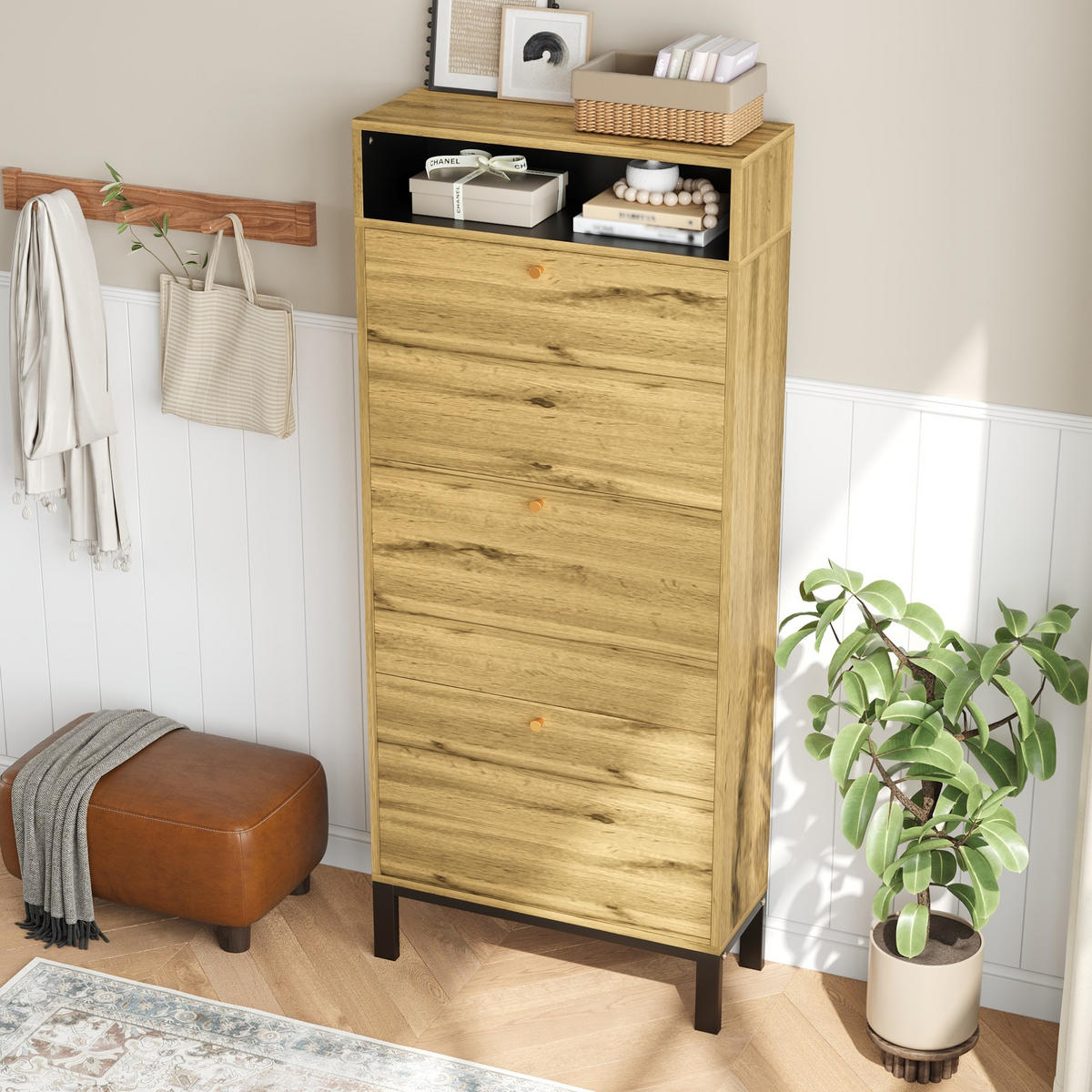 SCHUHSCHRANK 63/24/147 cm mit 3 Klappen in Naturfarbe, schmales Design - Naturfarben, Holzwerkstoff (63/147/24cm) - BEAOK