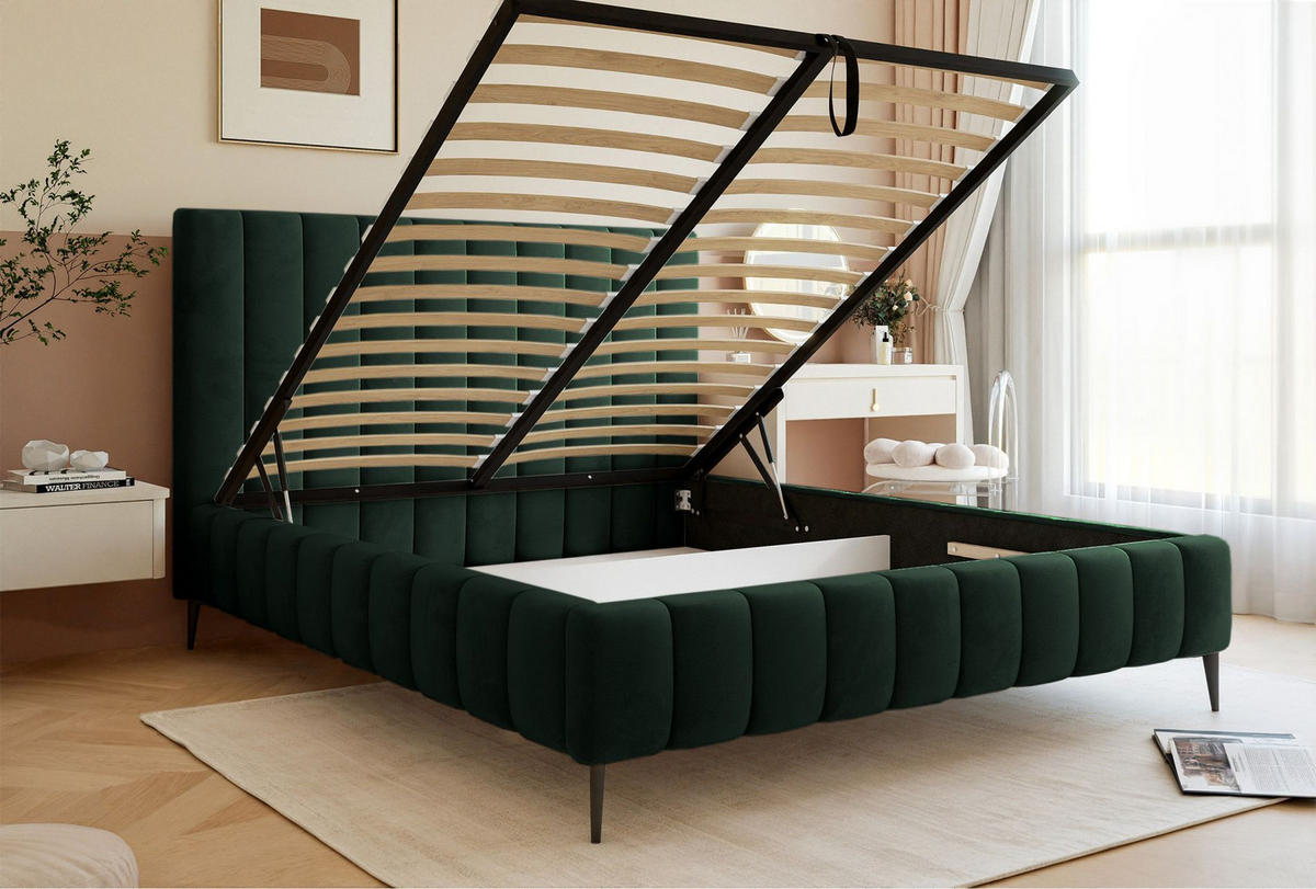 POLSTERBETT Fiarro mit Metallfüßen, Dunkelgrün, Velours, 140x200 cm - Dunkelgrün, Textil/Metall (140/200cm) - Selsey
