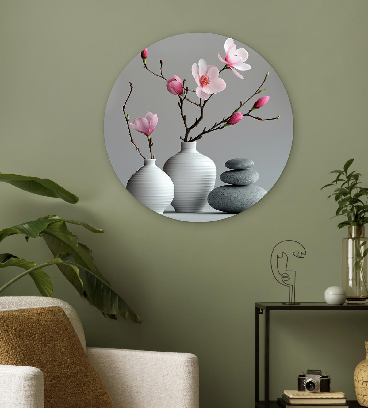 WANDBILD Magnolie - Blumen - Rosa - Zen-Steine 60x60 cm - Hellgrau, Kunststoff (60/60cm) - MuchoWow
