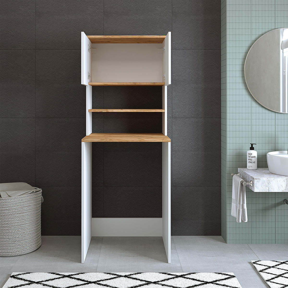 WASCHMASCHINENSCHRANK Atlantic III 65cm Breit, 181cm Hoch - Eiche Bianco, Holzwerkstoff (65/181/60cm)