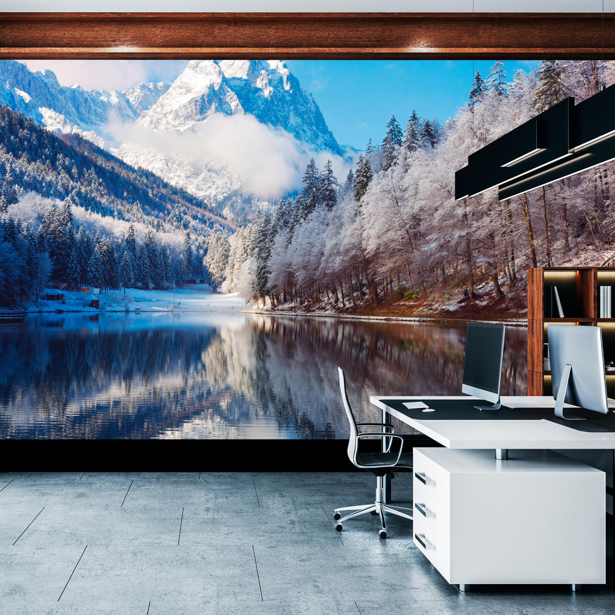 FOTOTAPETE für Wohnzimmer Winterberglandschaft See Nadelwald Schnee 300x210 - Blau/Braun, Papier (300/210cm) - Muralo