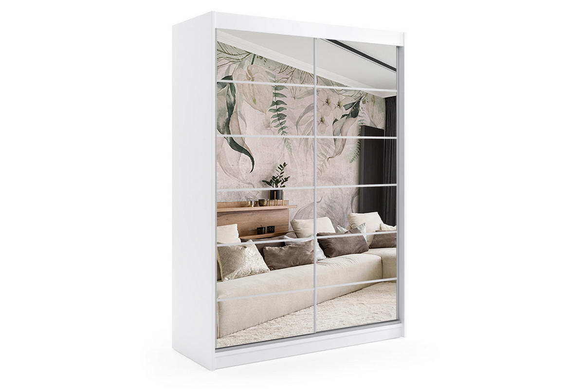 KLEIDERSCHRANK mit Spiegel-Schiebetüren und Aluminium-Leisten, LED-Beleuchtung - FLORA - 150 cm Weiß - Weiß, Holzwerkstoff (150/216/61cm) - ALTDECOR