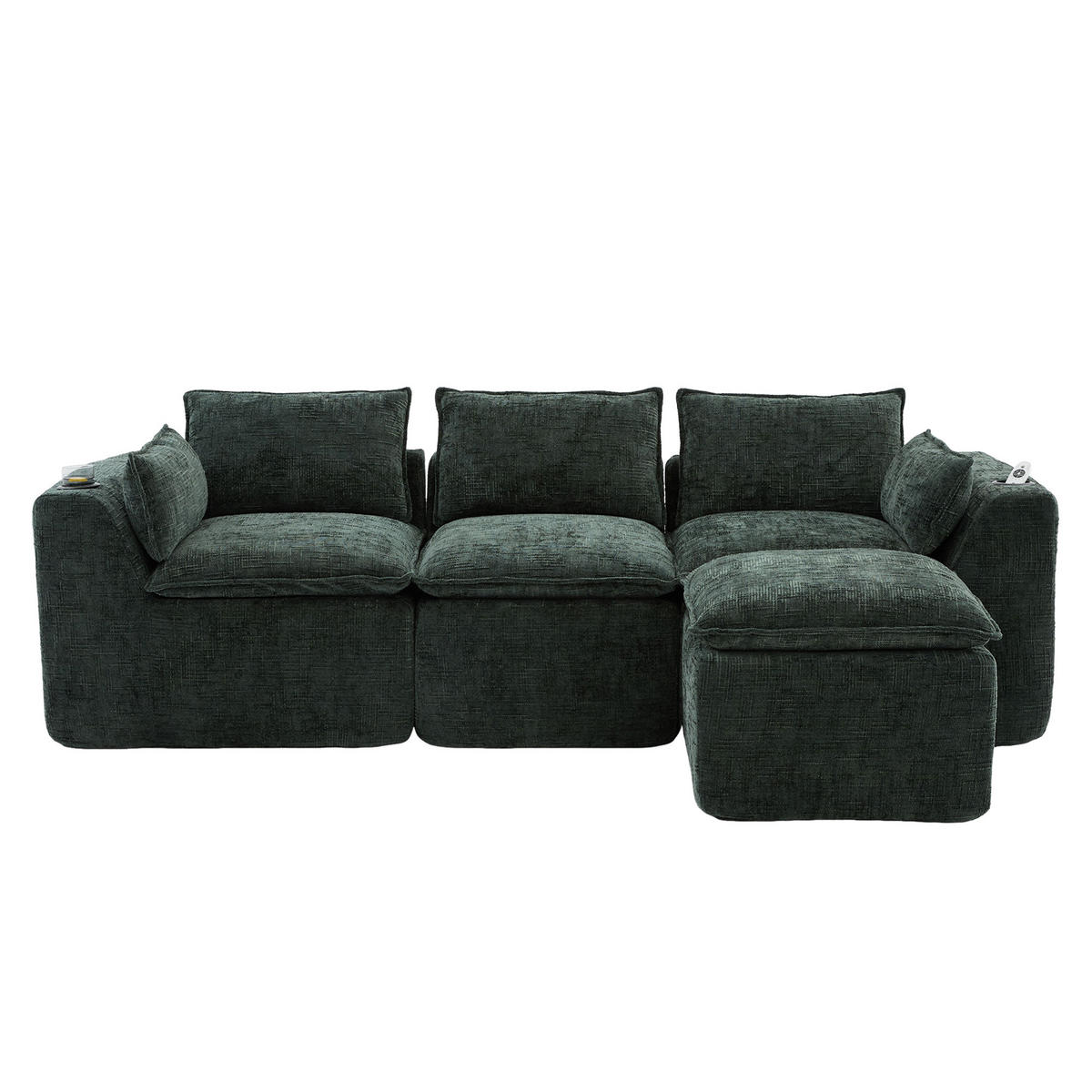 3-SITZER-SOFA aus Chenille, mit Fußhocker und Getränkehalter - Grün, Textil (256/75/161cm) - Urban Meuble