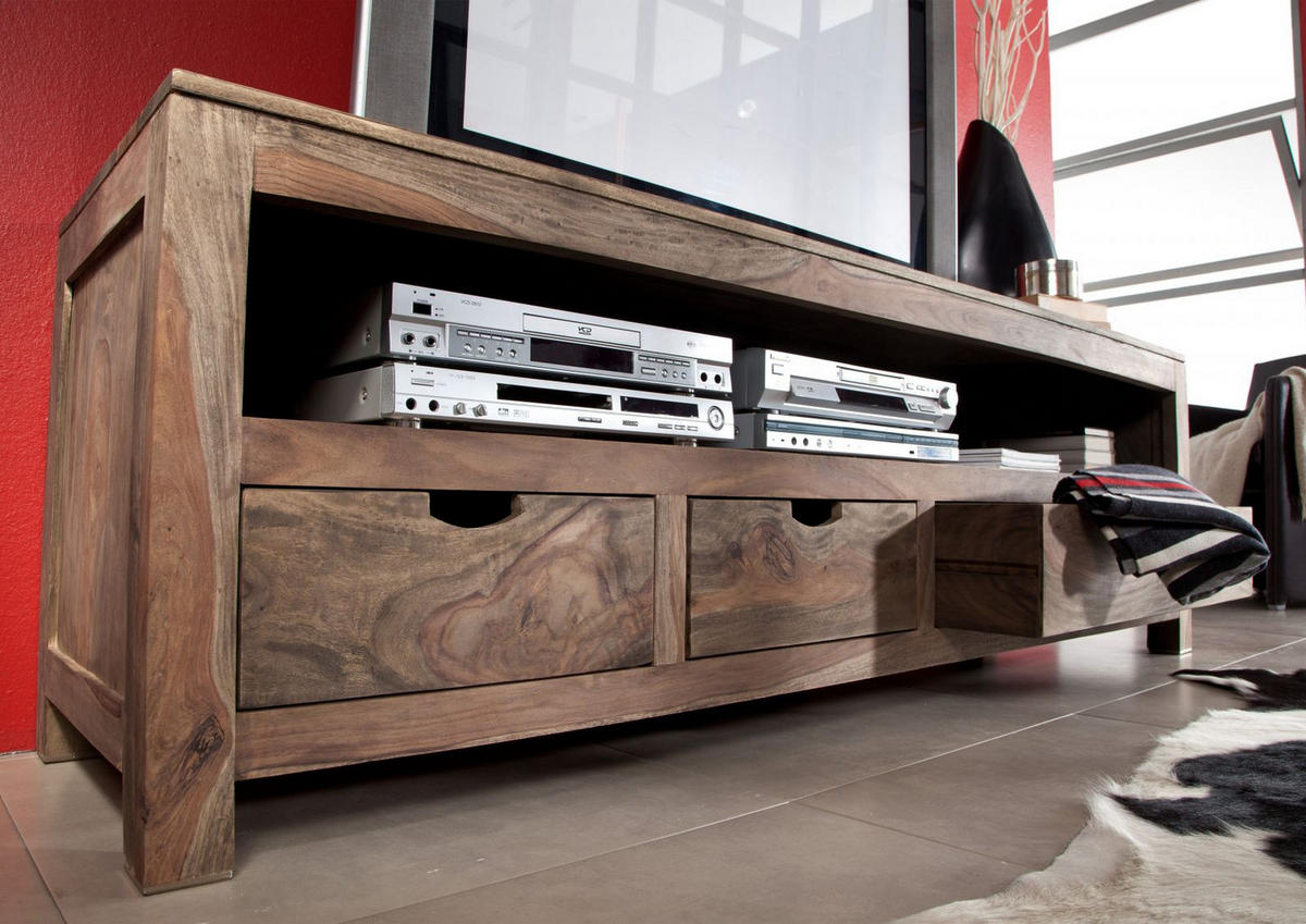 TV-BOARD Sheesham 190x50x60 grau geölt NATURE GREY #44 - Grau, Holz (190/60/50cm) - Massivmoebel24