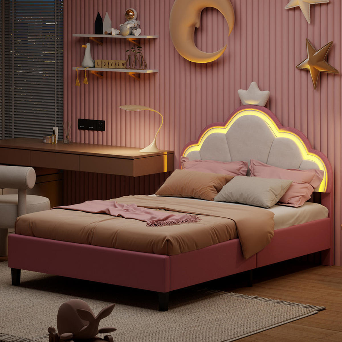 KINDERBETT 140x200cm, Samt, Rosa, Mädchenbett, mit LED-Lichtleiste, ohne Matratze - Rosa, Holz (140/200cm) - WoodenAura