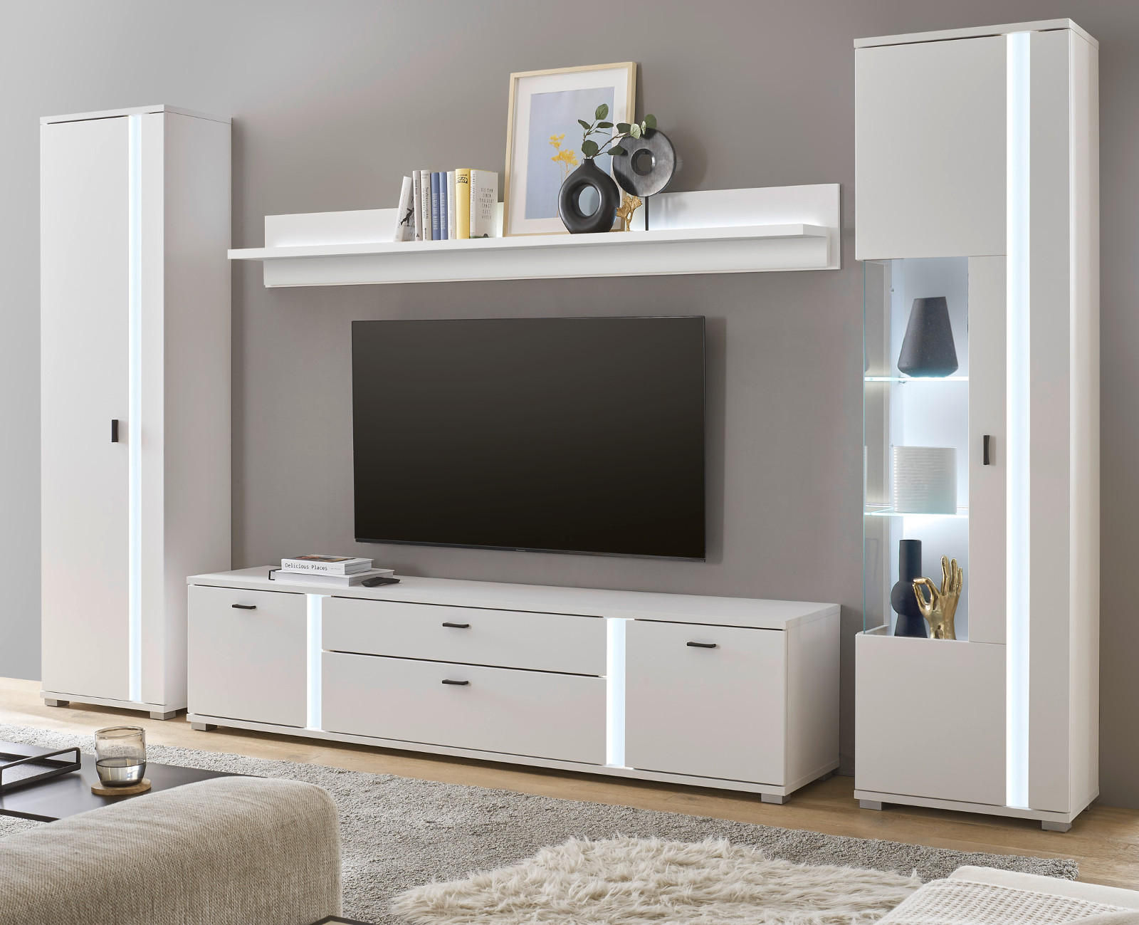 WOHNWAND weiß matt, Wohnkombination inklusive Frontbeleuchtung 330 x 200 cm - Weiß, Holzwerkstoff (330/200/42cm) - Furn.Design