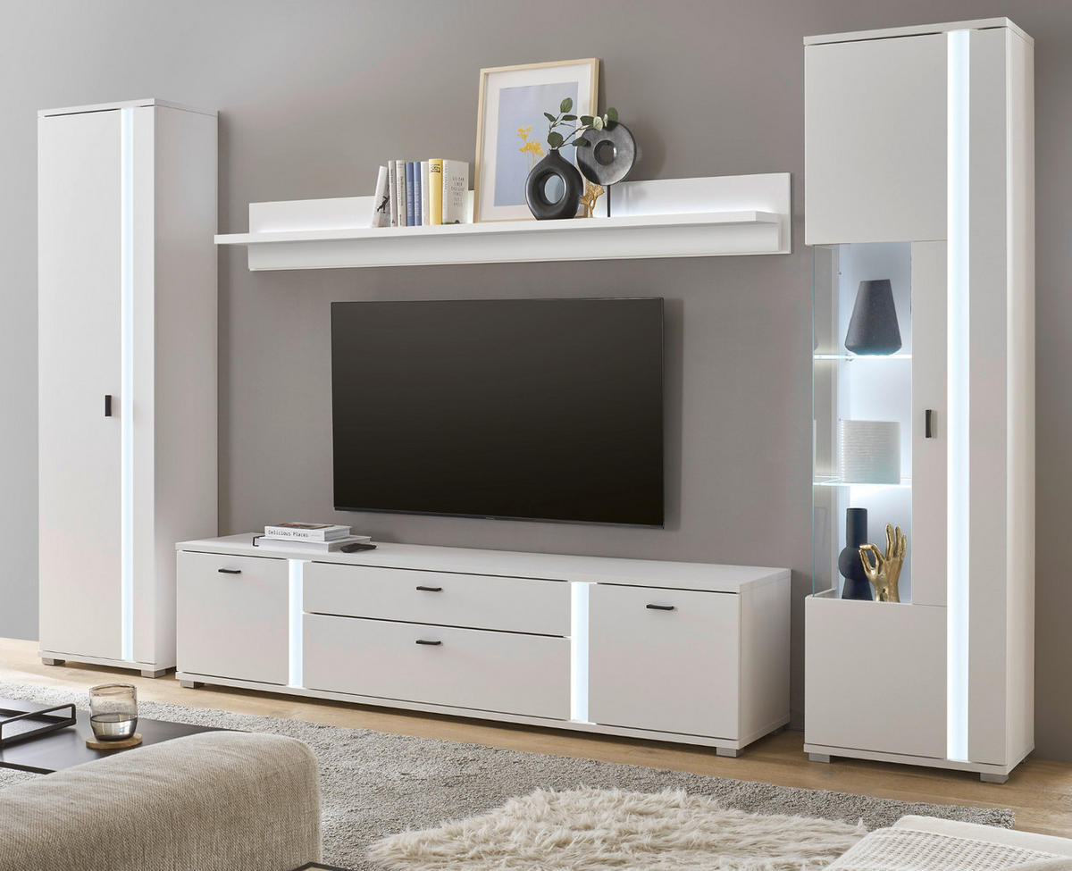 WOHNWAND weiß matt, Wohnkombination inklusive Frontbeleuchtung 330 x 200 cm - Weiß, Holzwerkstoff (330/200/42cm) - Furn.Design