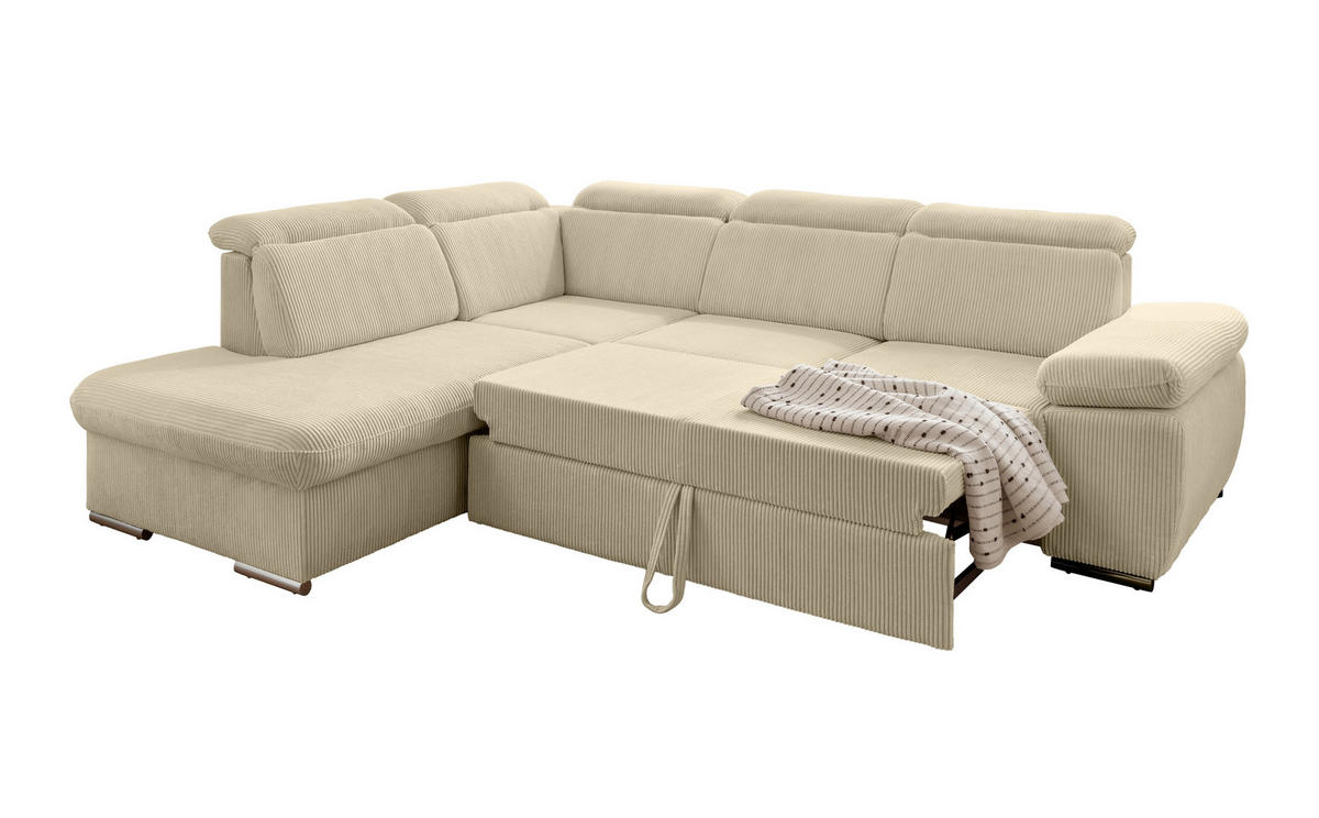 ECKSOFA mit Schlaffunktion, Bettkasten, Kopfstützen verstellbar, Wellenunterfederung, Ottomane links B283/T228/H102 cm, Cord Beige Grau / 17218 - Chromfarben/Greige, Textil/Metall (283/228cm) - luma-home