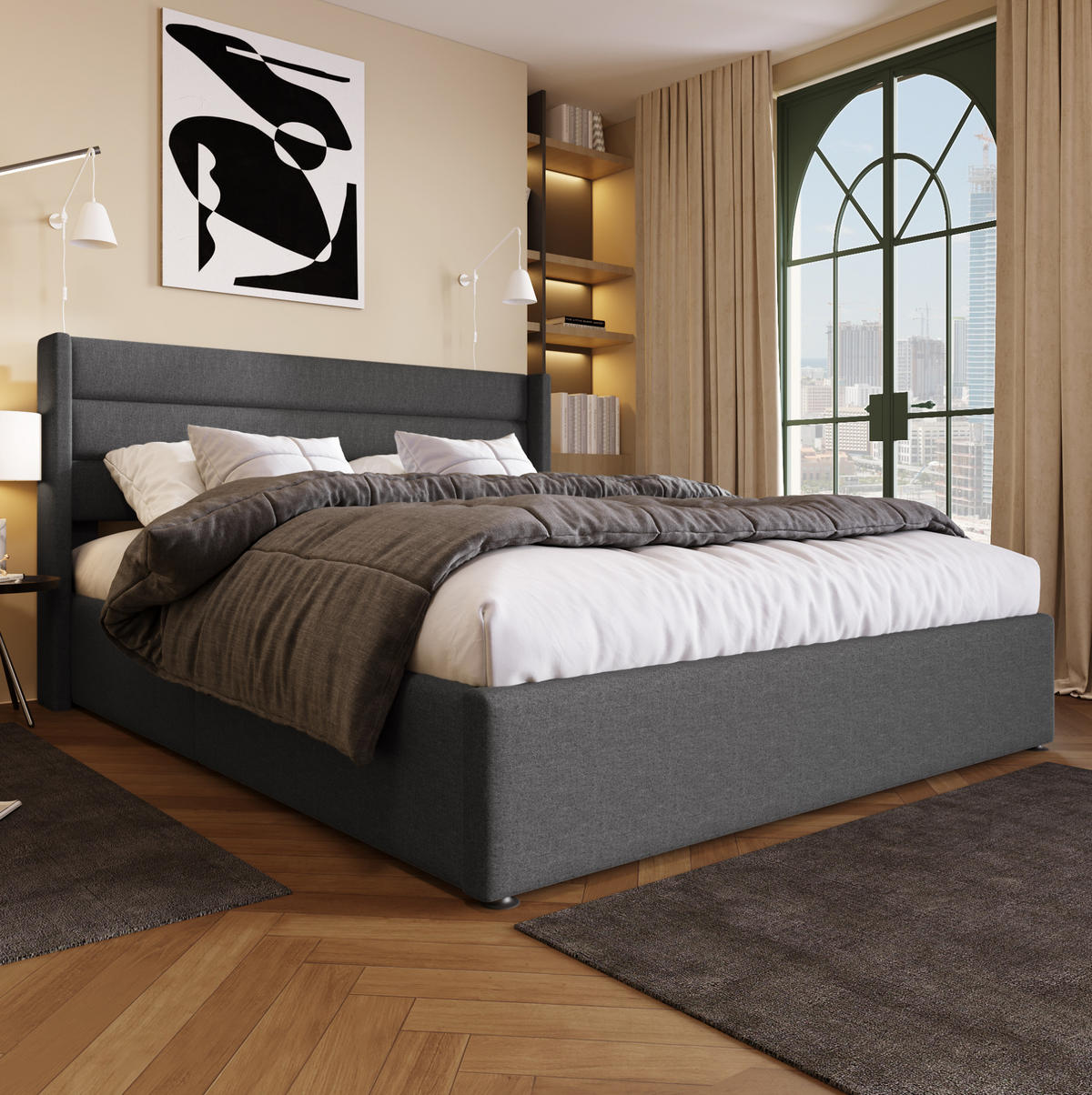 POLSTERBETT aus Leinen 160x200 cm Grau mit hydraulischem Bettkasten und Federkernmatratze - Grau, Textil (160/200cm) - IVMEU