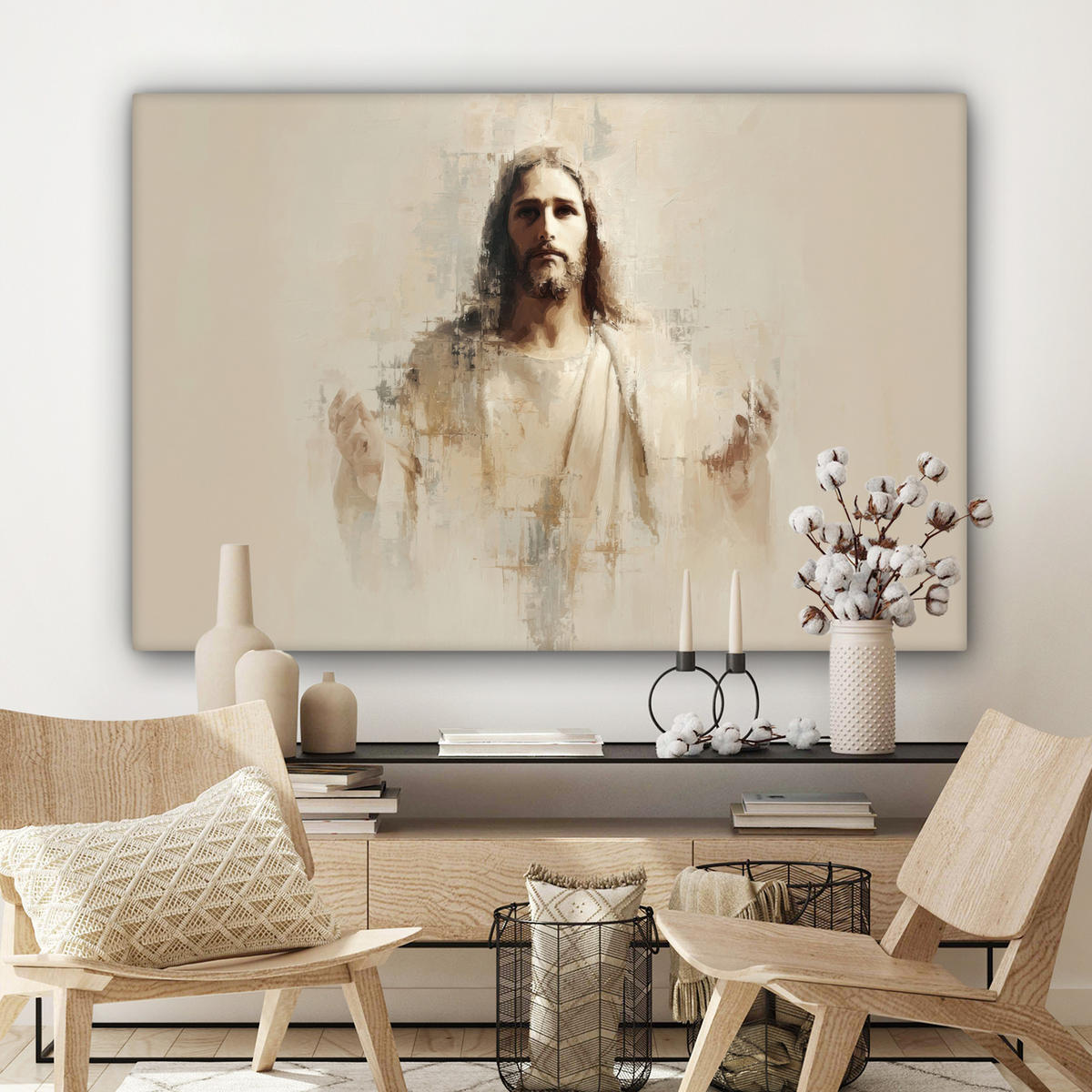 LEINWANDBILD Porträt - Abstrakt - Jesus - Beige Groß 140x90 cm - Beige, Textil (140/90cm) - MuchoWow