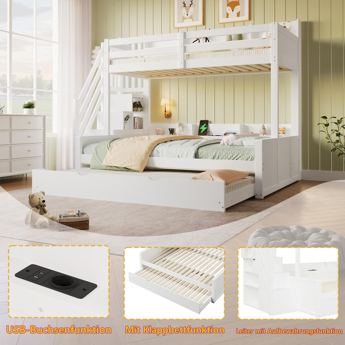 ETAGENBETT 140x200 cm mit Ausziehbett, Weiß - Weiß, Holz (140/200cm) - KOMHTOM