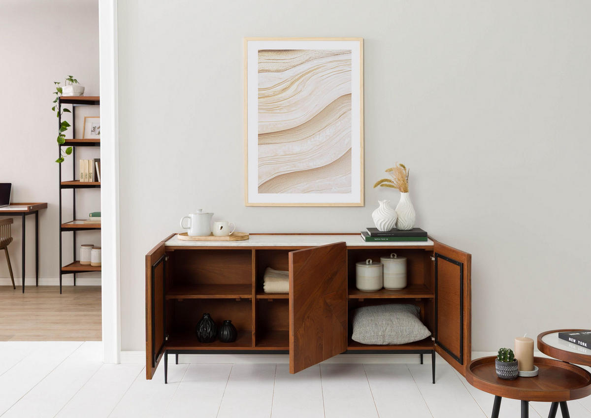 SIDEBOARD Akazie 147x40x76 natur lackiert / Marmor weiß KARLSTAD #15 - Braun, Holz (147/76/40cm) - Massivmoebel24