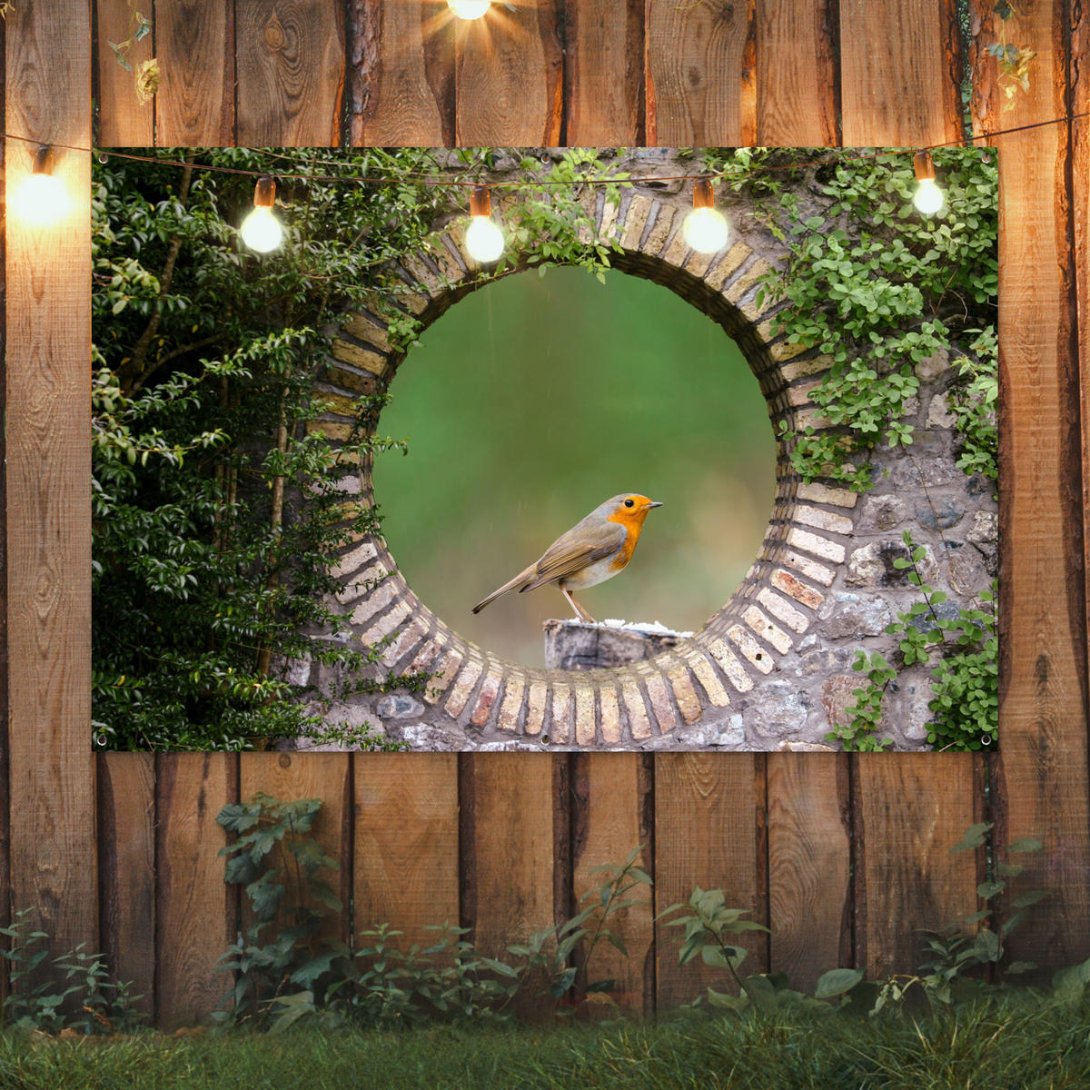 ZAHRADNÍ PLAKÁT Pták - průhled - Robin 180x120 cm - zelená barva, plast (180/120/0.2cm) - OnlyWow