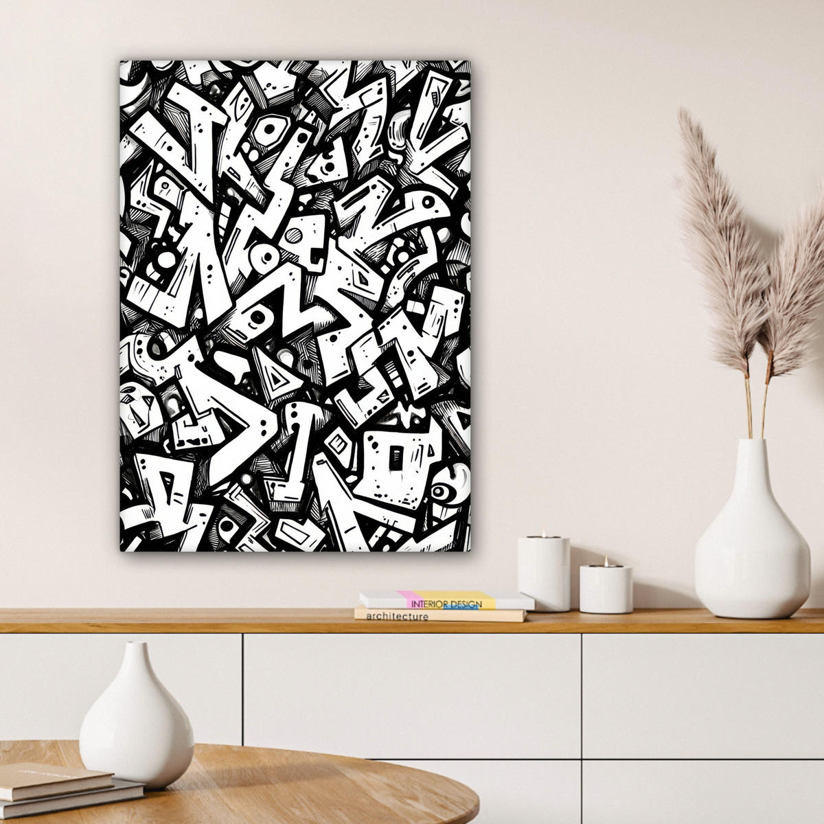 LEINWANDBILD Formen - Buchstaben - Graffiti - Schwarz Wandbild Wohnzimmer 60x80 cm - Schwarz, Textil (60/80cm) - MuchoWow